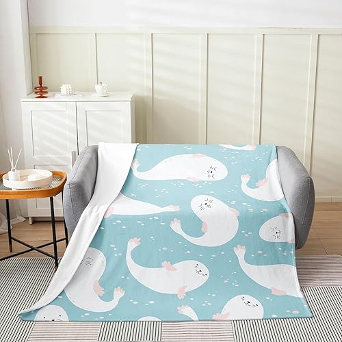 Manta de franela de león marino blanco, cálida y ligera, con dibujos animados de criaturas marinas con lindos animales, para niños, niñas y