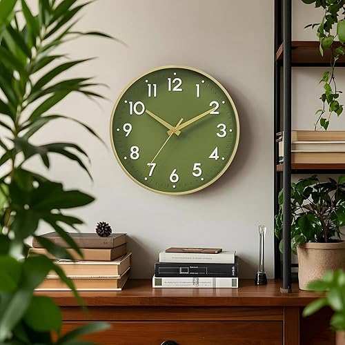 Miniatura 2 de Mosewa Reloj de pared de 14 pulgadas, funciona con pilas, reloj analógico sin tictac, decorativo para cocina, dormitorio, oficina, hogar (dorado)