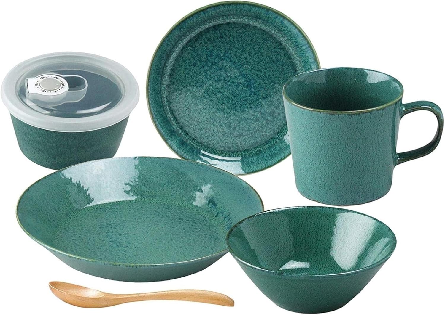 Aito 567506 Mino Ware Natural Color Tableware Set, Living Alone, 6-piece Set, Green, Green, Green, Dishwasher, Microwave Safe, Made in Japan