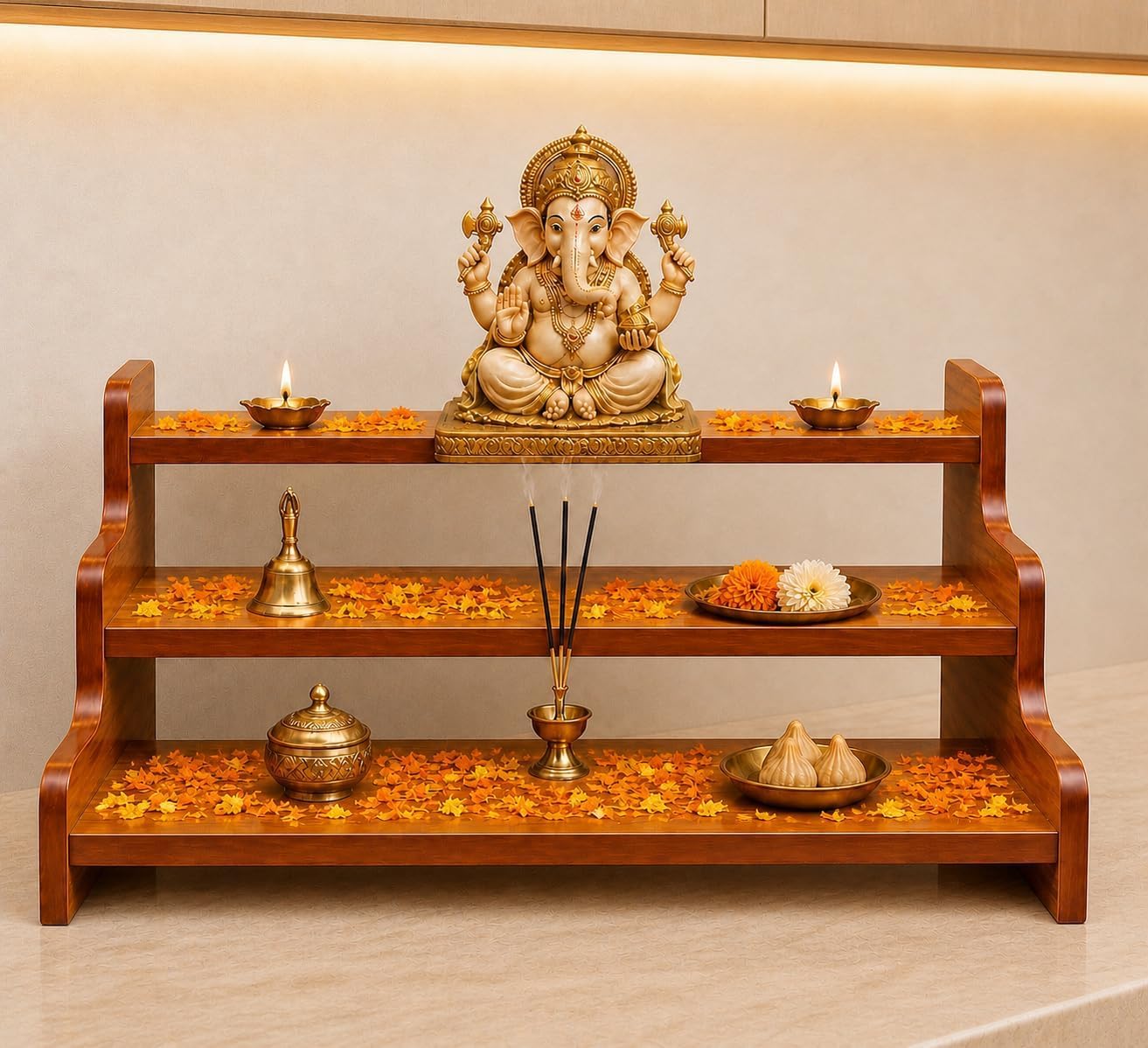 3 Tier Wooden Temple Stand for Pooja Room Wooden Puja Chowki for Home Mandir Finish Religious Display Shelf for Idols, Diyas & Decor Home Temple Organizer (14 x 9 x 6 Inch)-image-27