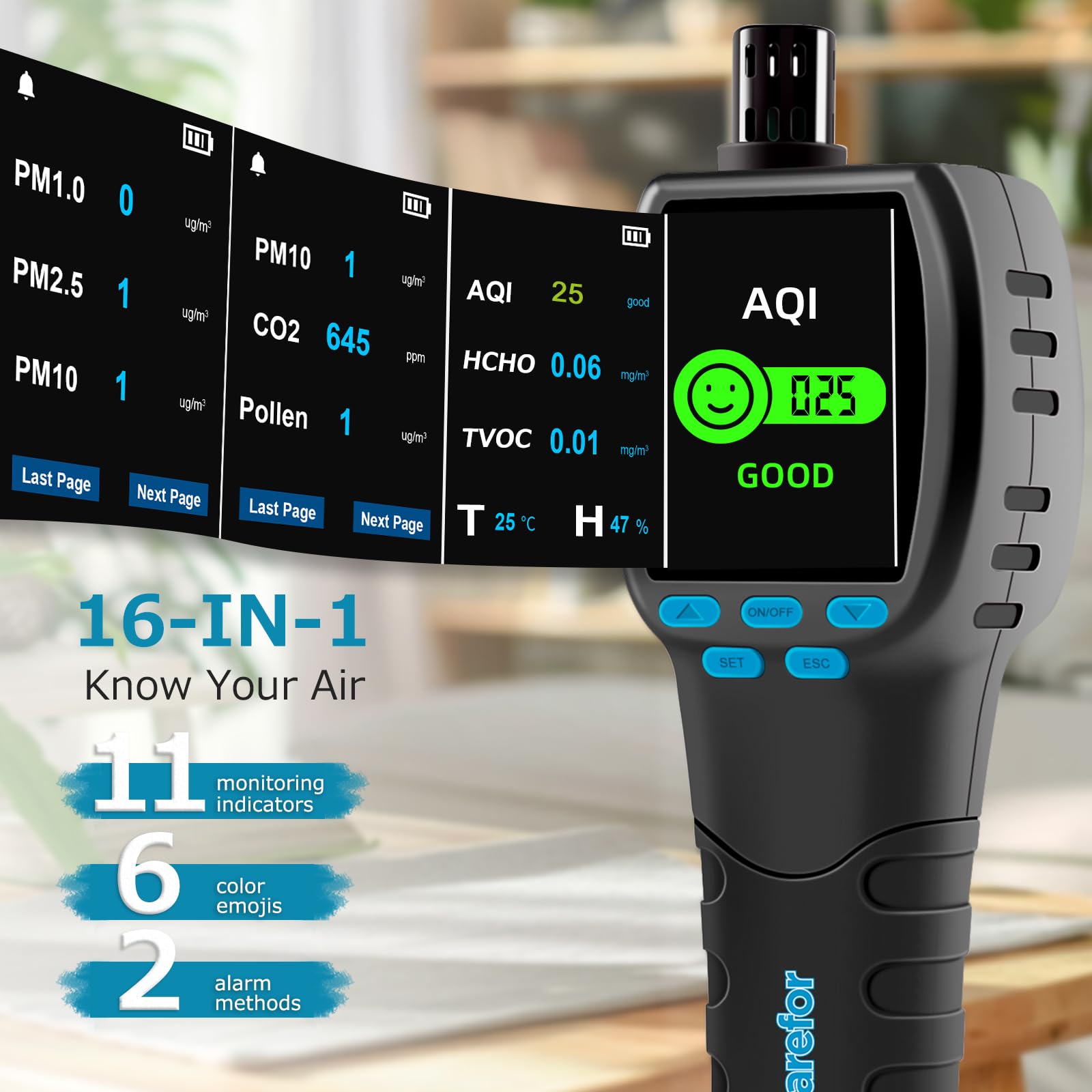 CF‑60 PP Professionale qualità aria misuratore con grafici dei dati sul dispositivo e report esportabili, rilevatore portatile 16 in 1 per AQI, CO2, TVOC, HCHO, PM2.5/10/1.0, polline ecc