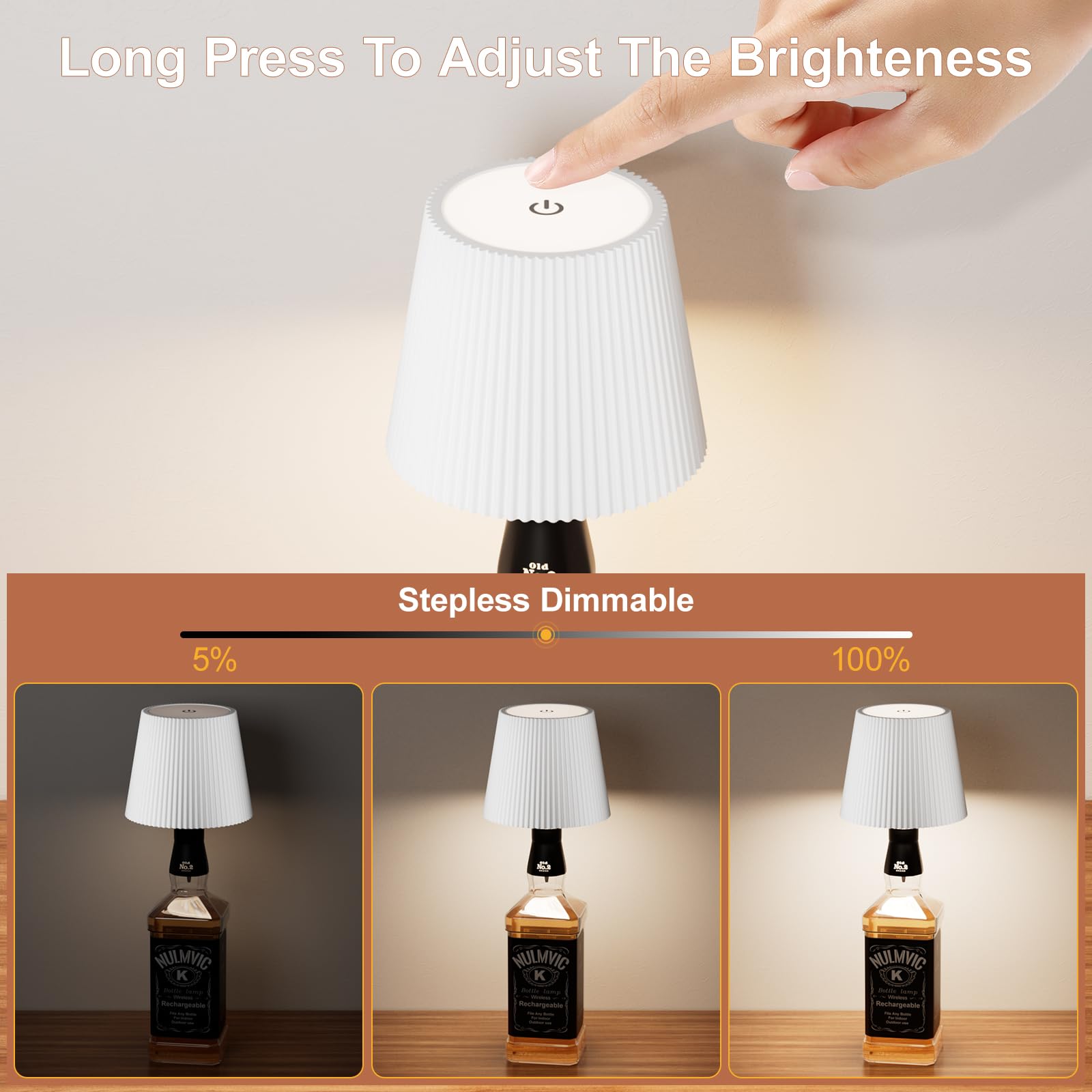 Nulmvic Lampada per Bottiglia LED Ricaricabile - 5200mAh Lampada da Tavolo Senza Fili Dimmerabile 3 Colori - IP54 Impermeabile Comando a Tocco per Interno Esterno Famiglia Ristorante Bar (Bianco)