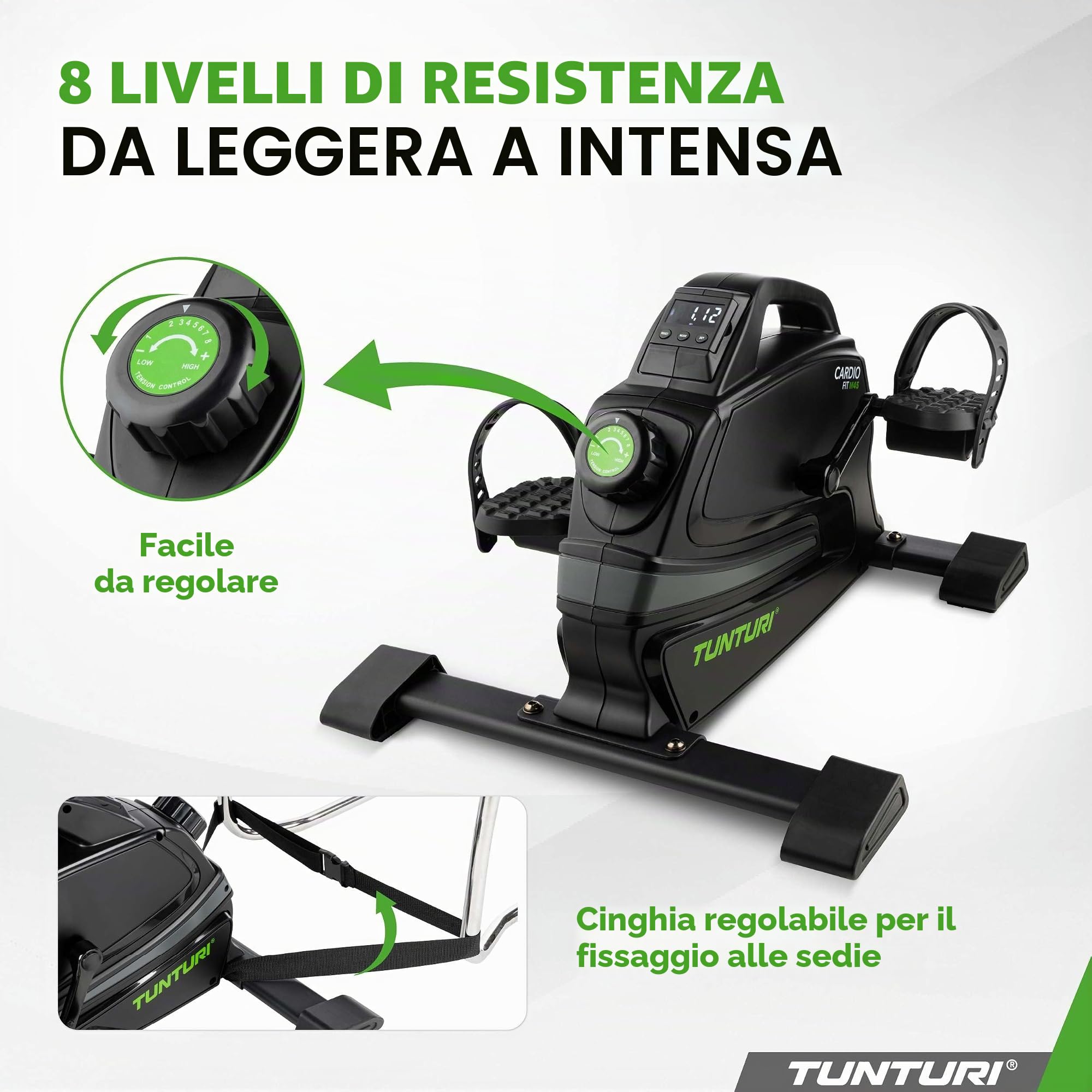 Tunturi Pedaliera Cardio Fit, vincitore del test 2024, mini cyclette per anziani, allenamento per braccia e gambe seduti, resistenza regolabile e display LCD