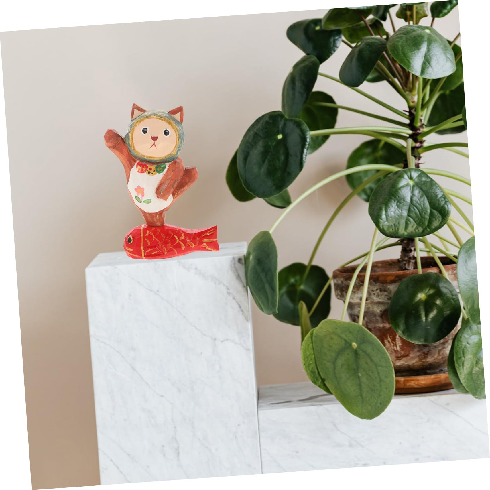 Amazon.co.jp: HAWILLOSCH 木製 木彫り 猫と魚の像 家用装飾品
