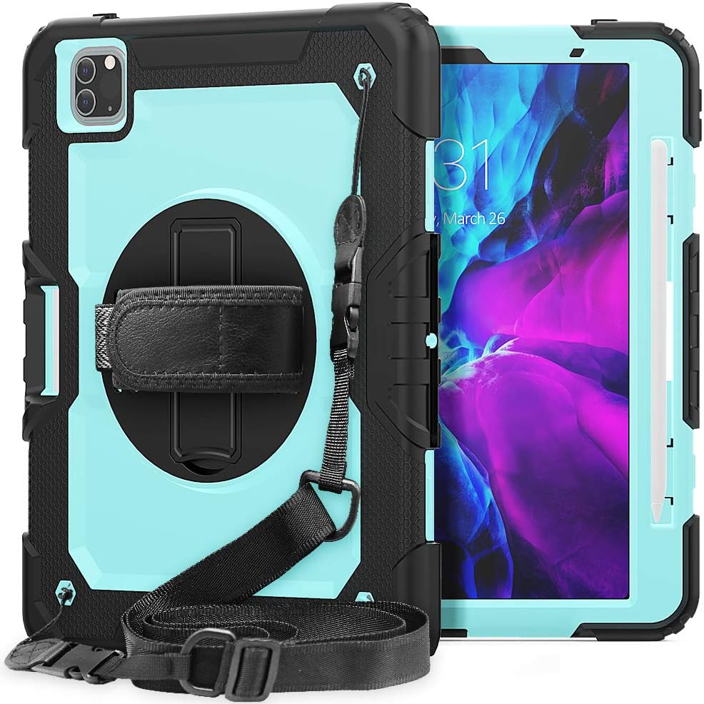 Best Cyber Monday 🔥 iPad Pro 12.9 Case 4th Generation with Screen Protector | SIBEITU iPad Pro 12.9 2020 Case with Pencil Holder | 3 Layers Shockproof Heavy Duty Protective Cover w/ Kickstand Handle Strap | SkyBlue