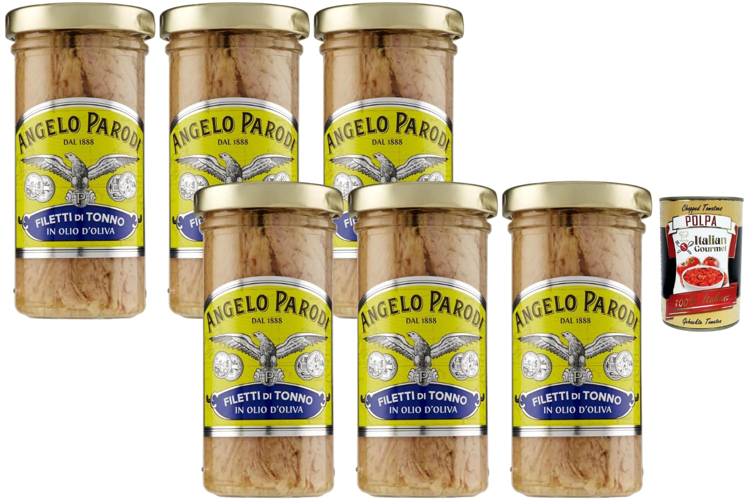 Italian Gourmet Bundle Thunfischfilets in Olivenöl 6x 150g + Italian Gourmet Polpa Gratis – Italienische Filetti di Tonno im Glas, Premium Fischkonserven für Salat, Pasta, Antipasti & Vorrat 900g