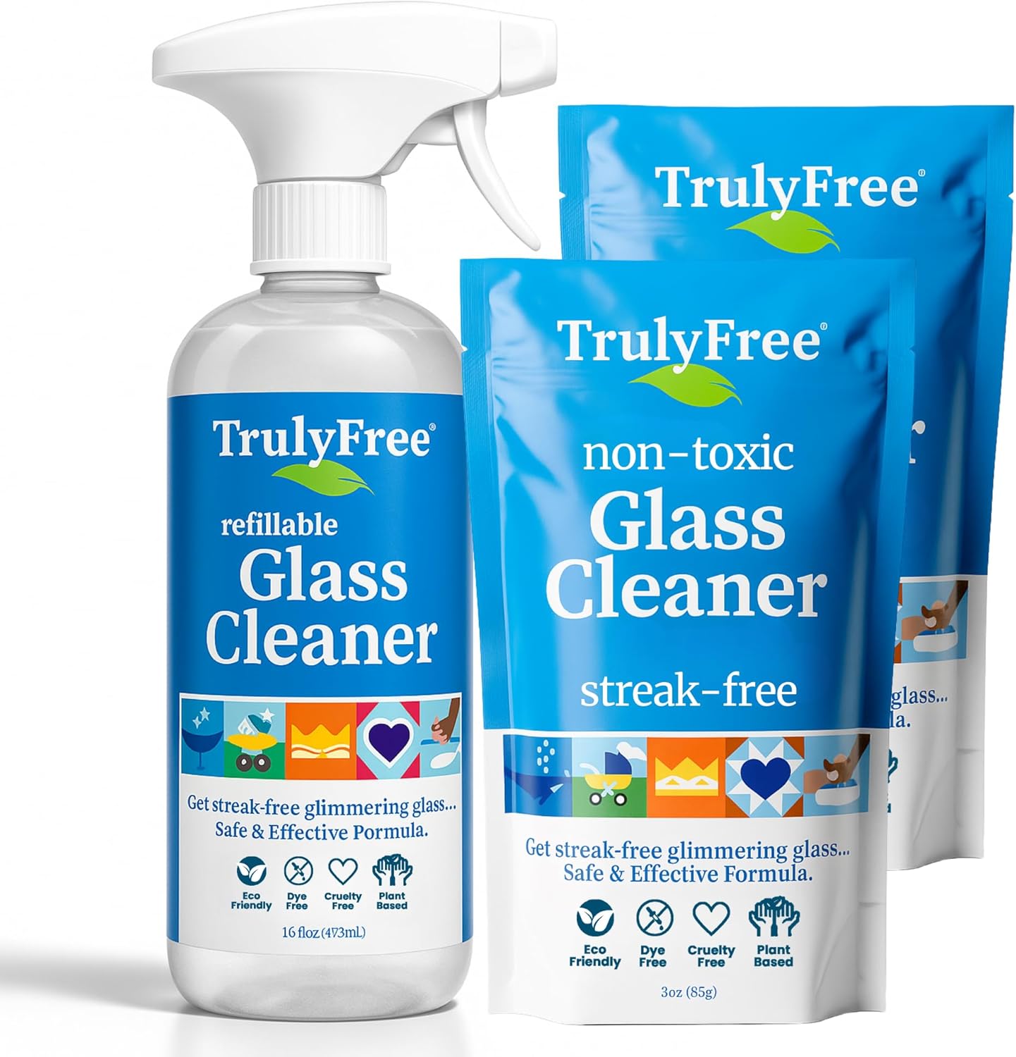 Truly Free Natural Glass Cleaner - Removes Dirt & Debris for Sparkling Clean Windows & Glass Surfaces at Home, Office & Garage, Includes: 1 Refillable Empty Bottle (16oz) & 2 Refills (3oz ea)