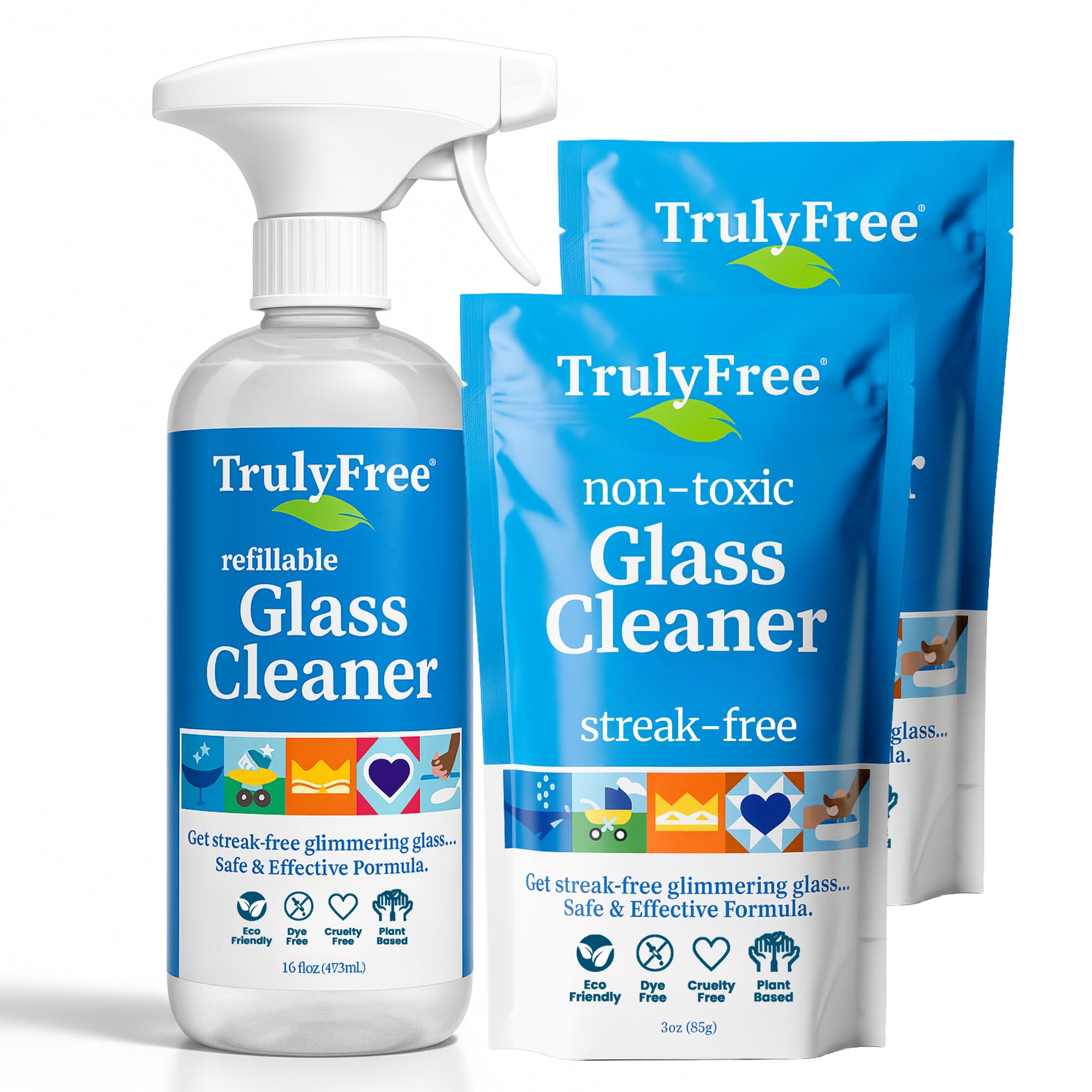 Truly Free Natural Glass Cleaner - Removes Dirt & Debris for Sparkling Clean Windows & Glass Surfaces at Home, Office & Garage, Includes: 1 Refillable