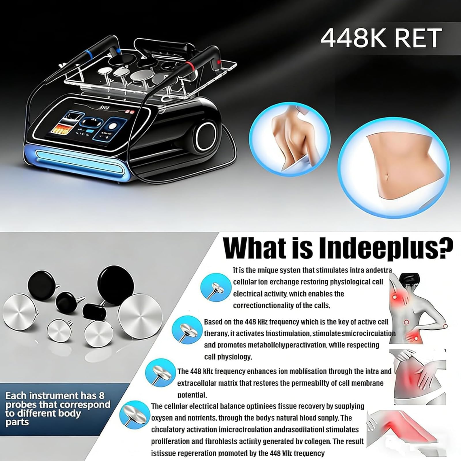 Terapia Tecar Portatile a 448 KHz,Terapia Tecar Portatile per Tessuti Profondi, Macchina Professionale per Terapia Fisica Tecar con RET/CET/JMD Maniglie,per Dimagrimento,Sollievo dal Dolore