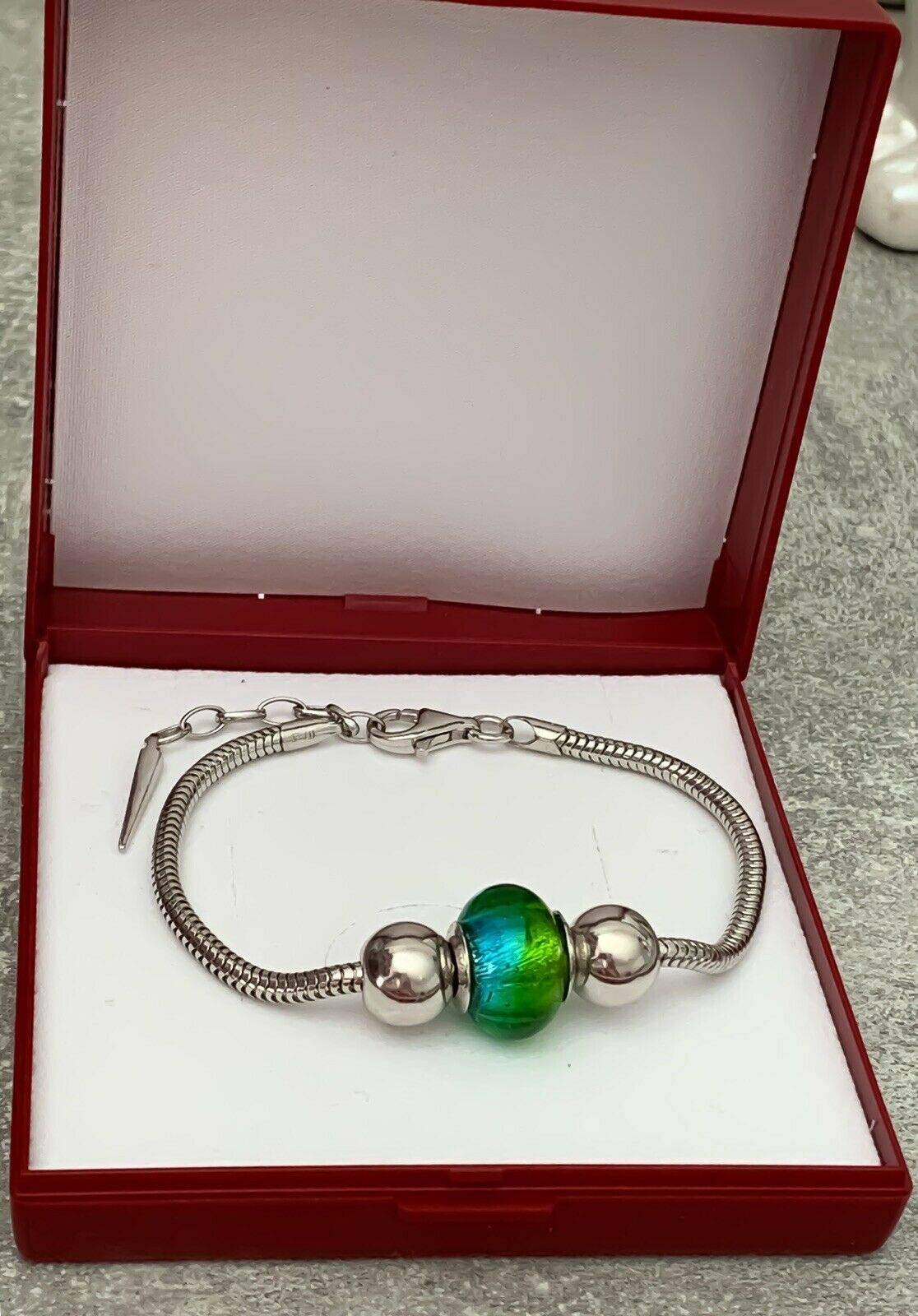 Bracciale Charm Perla Blu/Verde Vetro di Murano & Palline Argento 925/1000 Rodiato, 18 cm, Perla