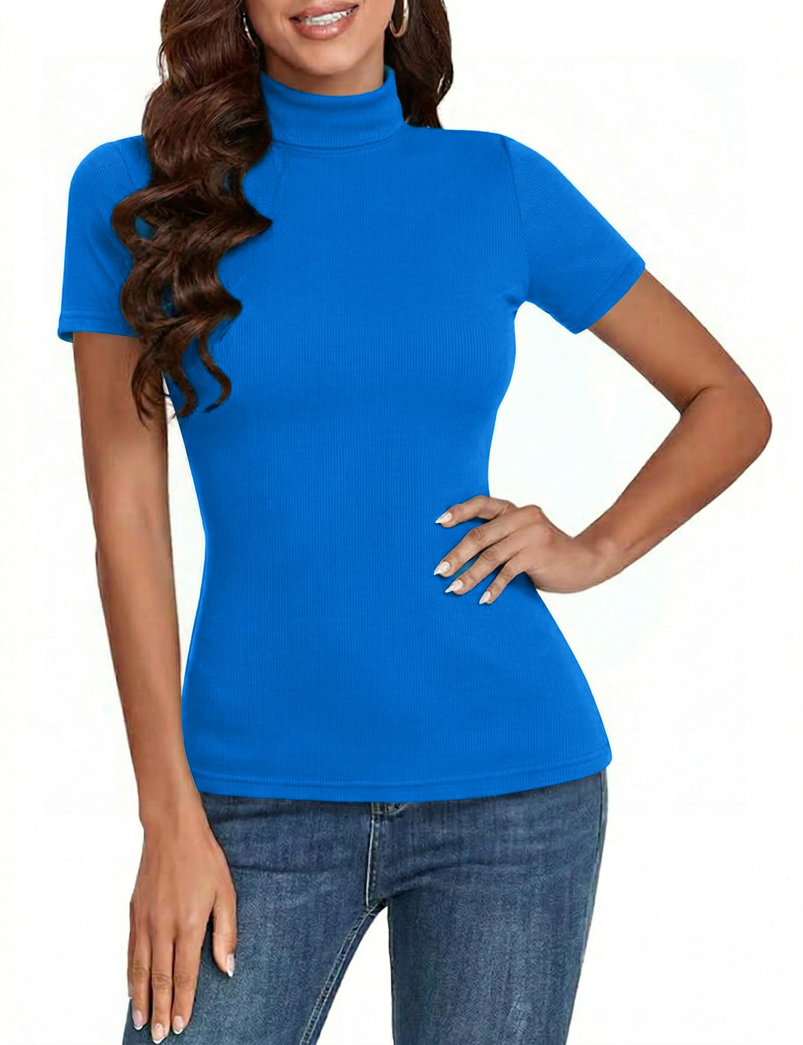 Totatuit Damen T-Shirt Kurzarm Gerippt Slim Fit Oberteile Elegant Basic Sommer Casual Stretch Tshirt mit Stehkragen Rollkragenshirt Tops