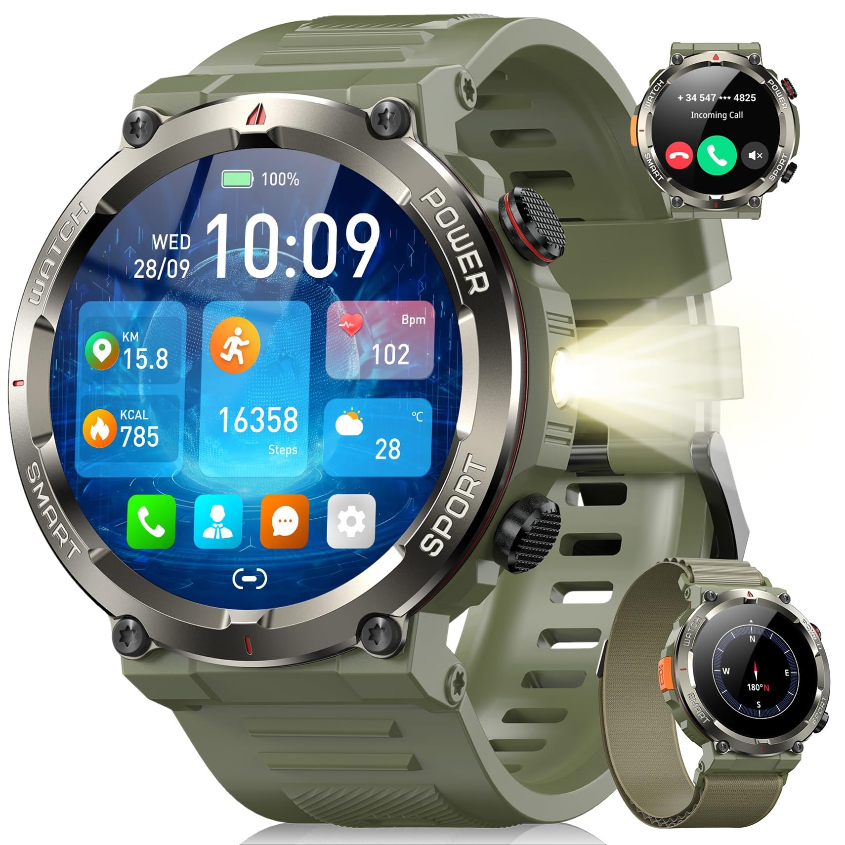 Blackview Reloj Inteligente Hombre con Linterna y Brújula, 1,45" Smartwatch con Llamadas Bluetooth, Pulsómetro, Oxímetro, Monitor de Sueño, Podómetro, 100+ Modos Deportivos, Batería Grande de 960 mAh