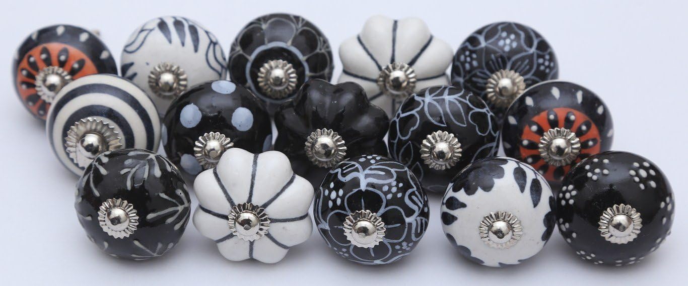 14 Black and White Ceramic Knobs Handpainted Ceramic Door Knobs Kitchen Cabinet Drawer Puller Pulls Furniture Cabinet Knobs