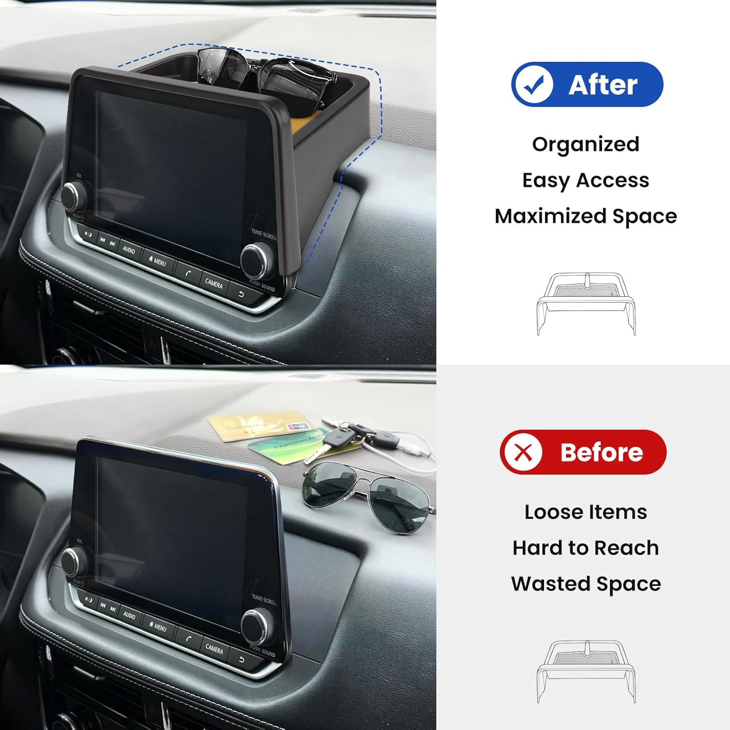 Center Console Dashboard Organizer Tray for Nissan Rogue S/SV 2021-2026, SL 2021-2023, Rock Creek 2023-2026 Behind Screen Storage Box, Only fit 8-inch Screen, ABS Plastic Black