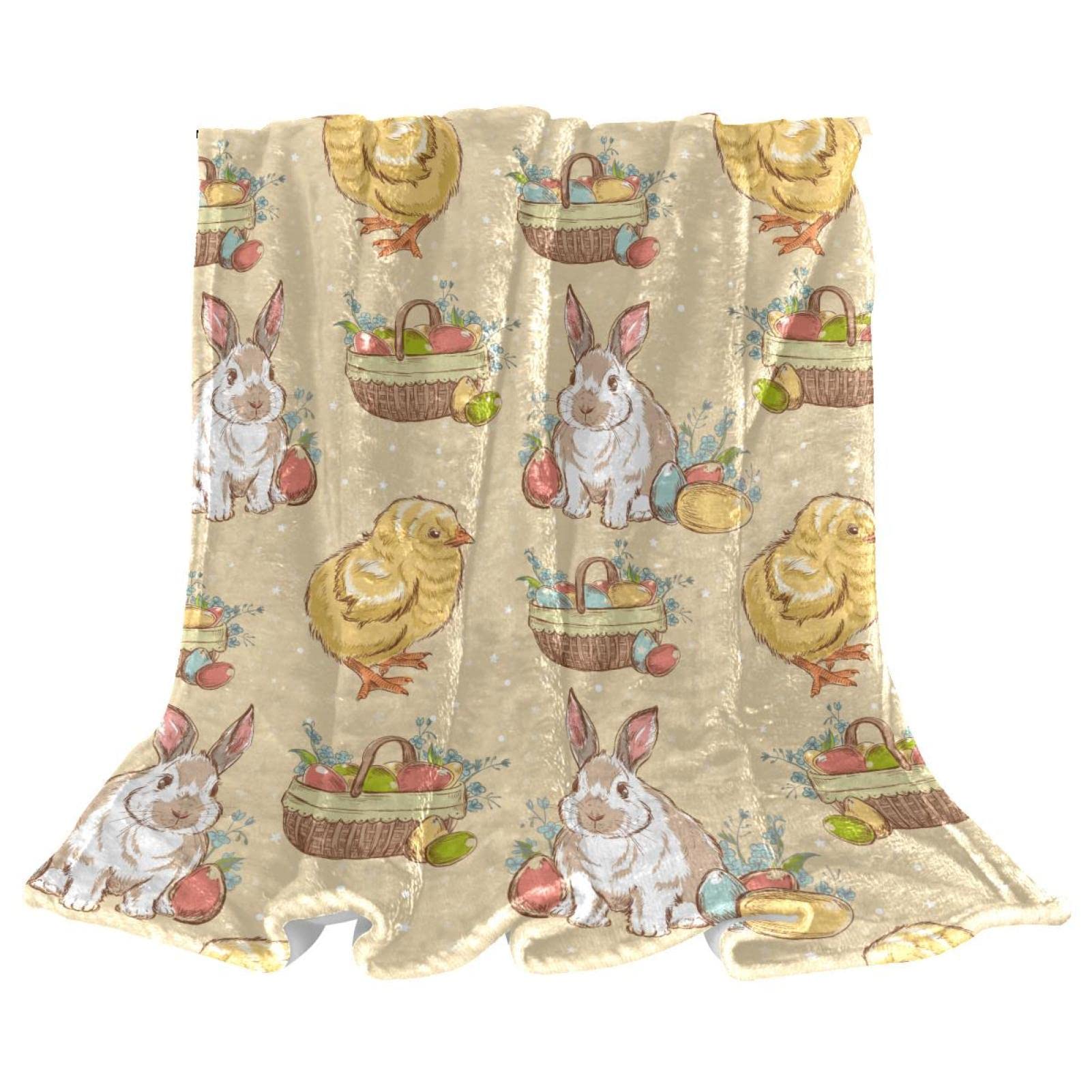 Coperta in pile con uova d'epoca pasqua, coniglietto, pulcino per divano leggero peluche sfocato