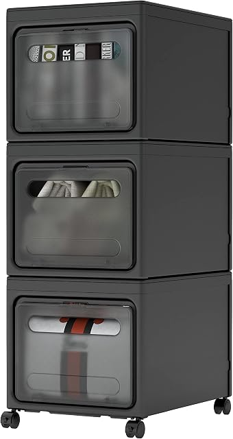 Meerveil Plastic Storage Drawers, Modular Drawer Tower, Storage Chest on Wheels, Removable File Cabinet, Space Saving, Kitchen, Living Room, Bedroom, Black, 30x40x80cm