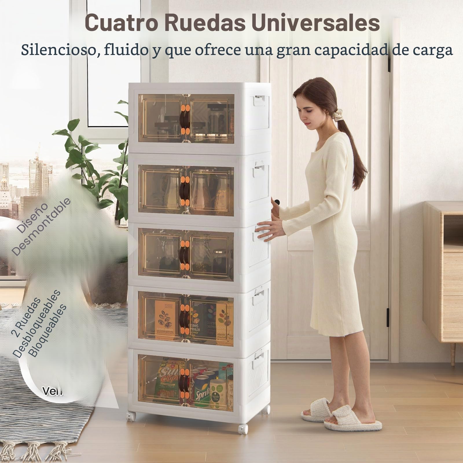 GOPLUS Cajonera de Almacenamiento Apilables Blanca con Cajones, Caja Organizador de PP con Ruedas, Asa, Tapa y Puertas para Sala de Estar, Dormitorio, Estilo Moderno (59,5 x 37,5 x 169 cm)