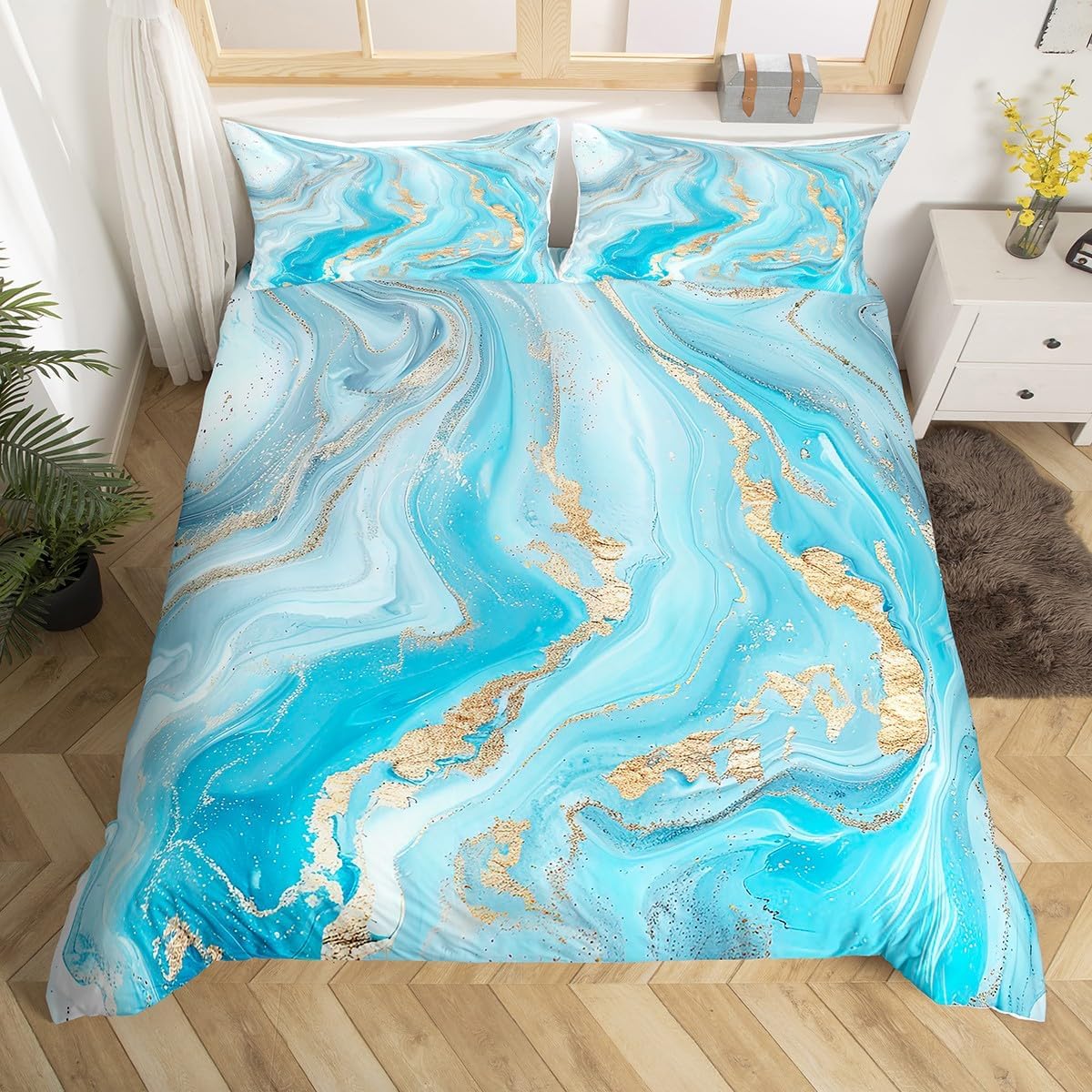 Blue Marble Duvet Cover Queen Kids Creative Liquid Colorful Marble Bedding Set Abstract Comforter Cover Golden Quicksand Turquoise Bedding Bed Covers Girly Watercolor Quilt Set Decor