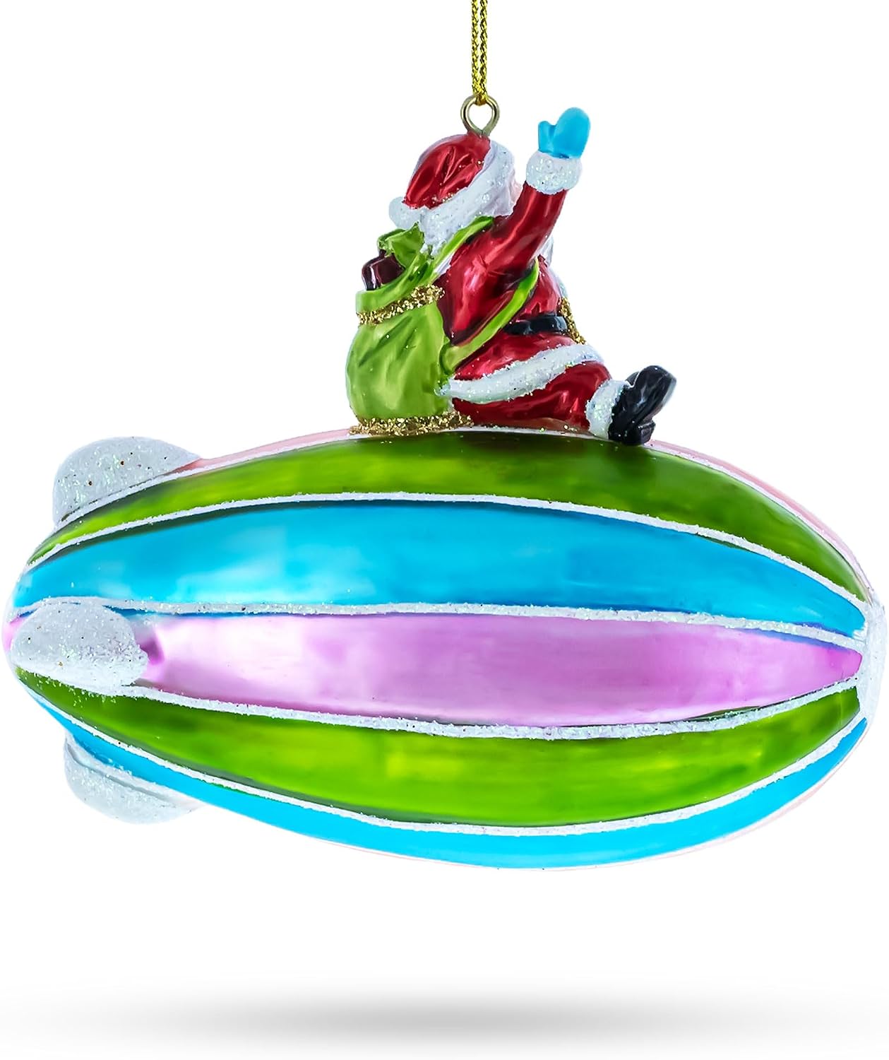 Santa Flying on Zeppelin Blimp Glass Christmas Ornament