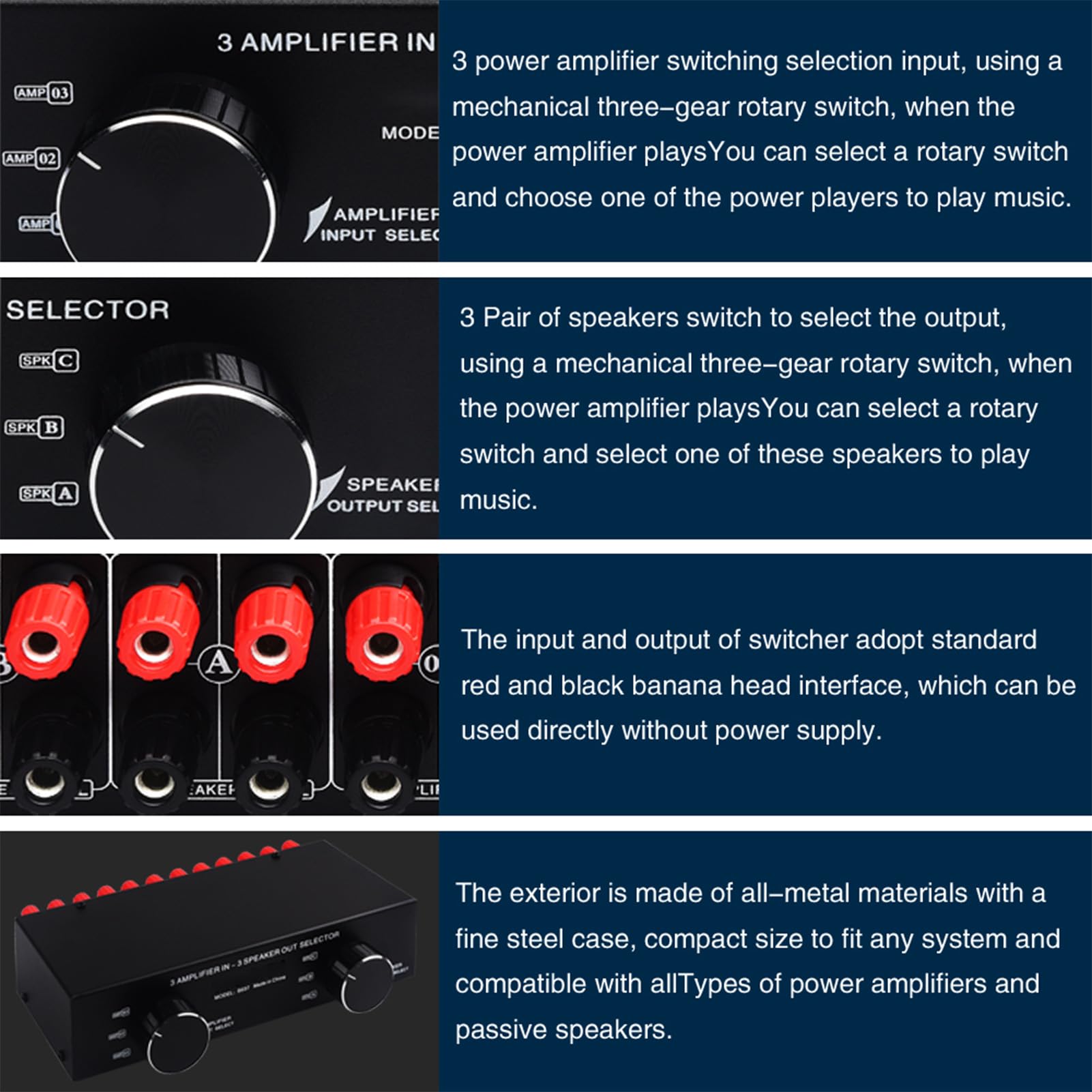 Selettore Altoparlante 3 Ingressi 3 Uscite, Commutatore Audio Amplificatore da 300 W per Canale, con Selettore Ingresso Uscita Manuale per Stereo Domestico
