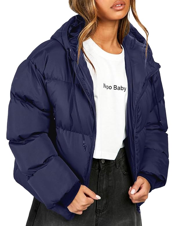 Wyeysyt Women's Cropped Puffer Jackets Winter Warm Lightweight Quilted Jackets Hooded Full Zip Coats with Pockets(Navy-XL) by Wyeysyt - Used condition - US$7.71