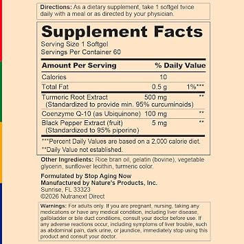 Stop Aging Now - Curcumin CoQ10 Complex - with Turmeric Root Extract - Antioxidant & Cardiovascular Support - 60 Softgels