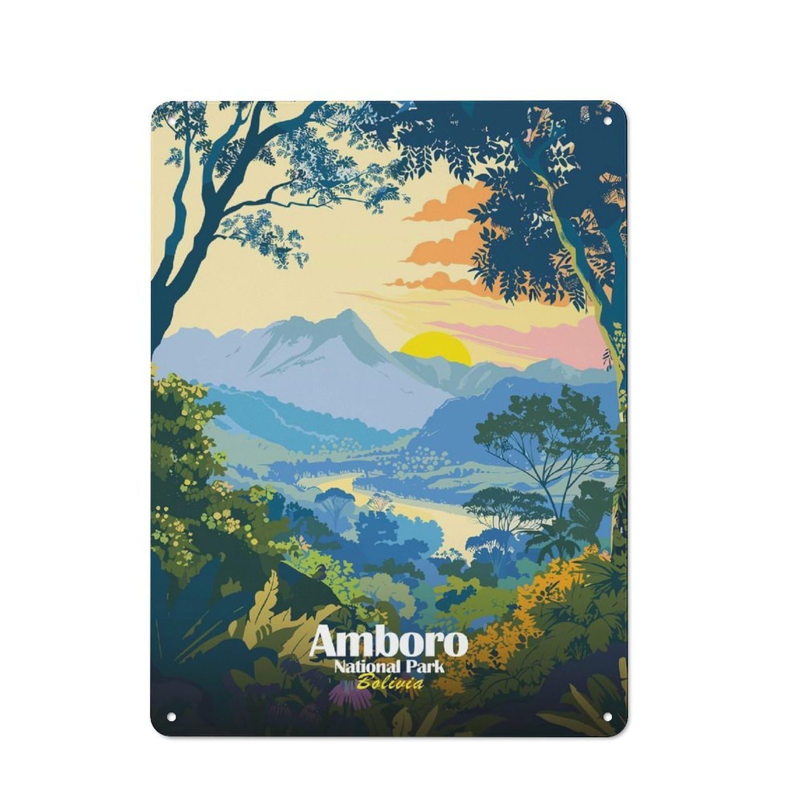 Junmoney Style-14 For Garden Room Or Summerhouse, Amboro National Park Bolivia Illustration Retro Metal Sign 40X30cm, For Vintage Wall Decor Fans, For Metal Sign Collectors