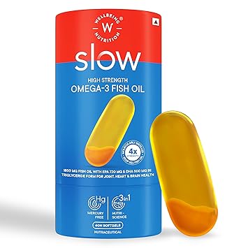 Wellbeing Nutrition Slow 4x Strength Omega 3 Fish Oil Capsules | 1850mg with EPA 720mg, DHA 500mg & Curcumin for Men & Women | No Fishy Burp | For Brain, Heart, & Joint Health, 60 Capsules - image, photos