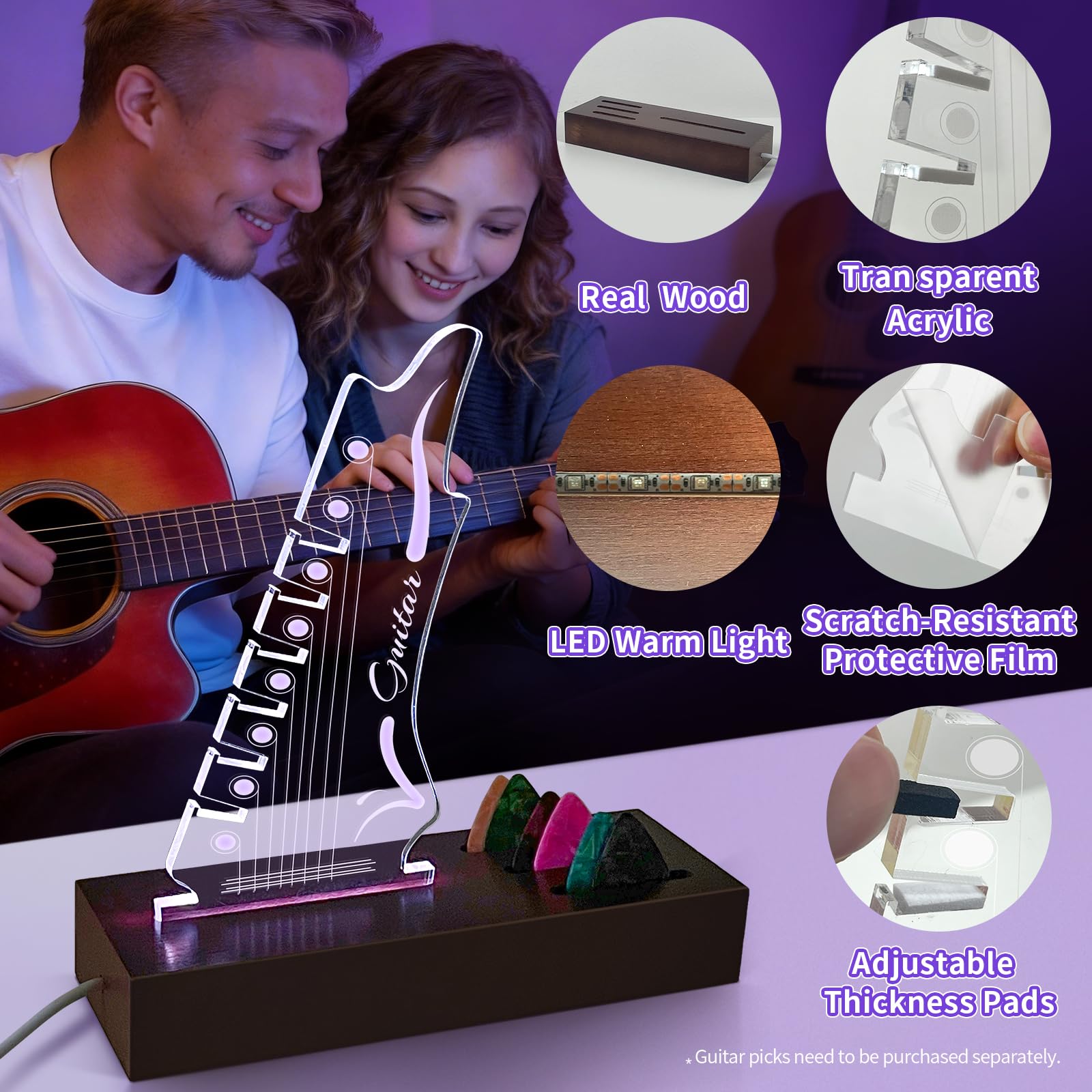 Porta plettro per chitarra illuminato, 7 colori con luce LED, display per plettro per chitarra in acrilico, alimentato tramite USB, accessorio per chitarra, può contenere 6 plettri, regalo per uomini