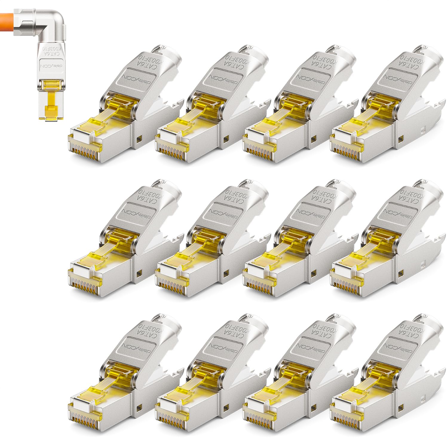 deleyCON 12x Connettore RJ45 CAT 6a Angolato 90° Senza Utensili, Schermato, 10 Gbit/s - per Cavi di Posa Rigidi (Roh), Ethernet LAN/DSL/Patch | Senza attrezzi, schermato, per cavi di posa rigidi, cavo grezzo, connettore RJ45, Ethernet, LAN, DSL, cavo patc