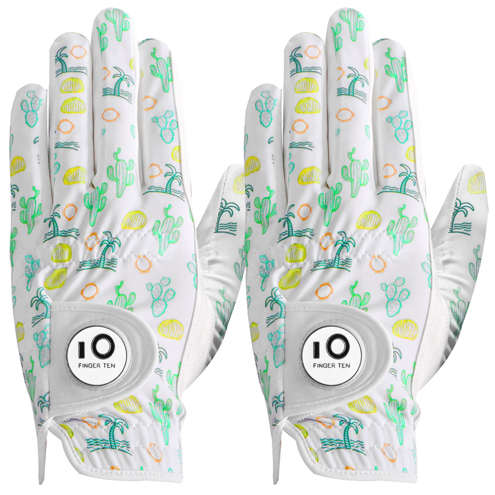 FINGER TEN Golf Gloves Men Left Hand Right Leather With Ball Marker Printed Grip 2 Pack