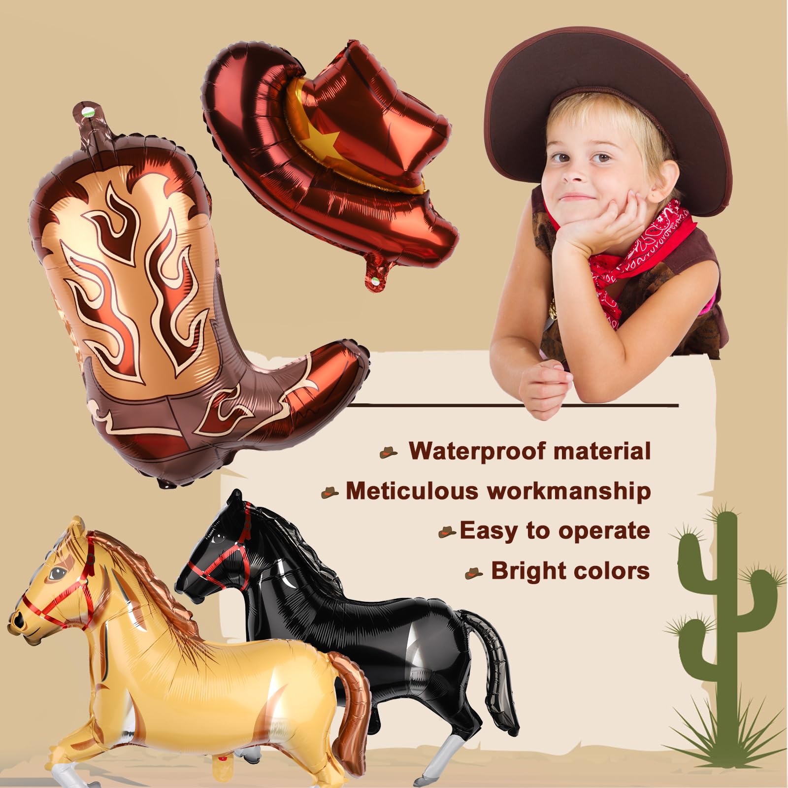 Palloncini Per Feste A Tema Western/Cowgirl - Set Da 8 Pezzi In Alluminio Con Cappelli (62x46cm) E Stivali (58x44cm) + Nastro E Cannuccia, Decorazioni Per Compleanno Rodeo - 5