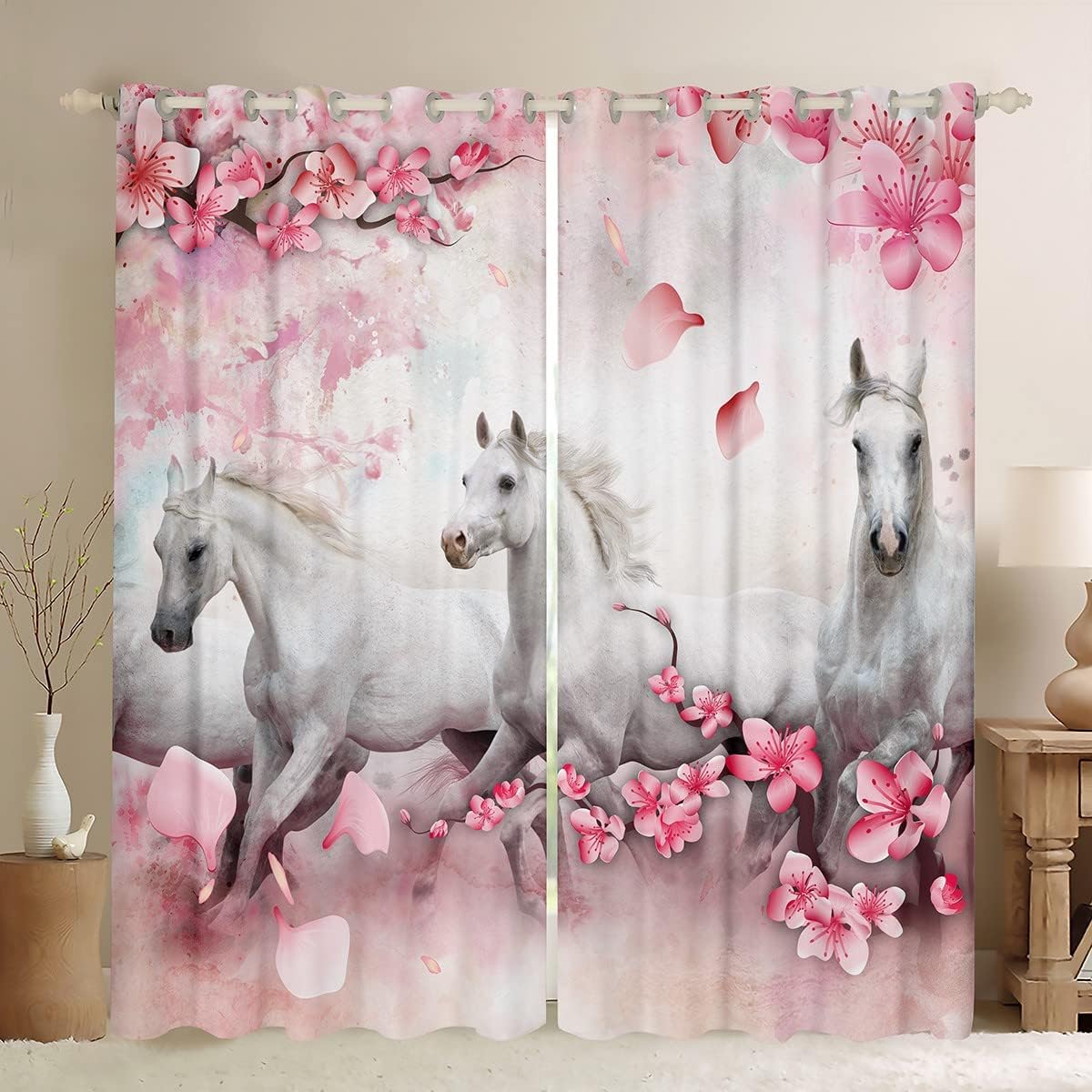 Horse Curtains Boys Cherry Blossoms Flower Curtain 52" Wx63 L Galloping Farm Animal Thermal Insulated Window Drapes Kids Teens Pink Floral Grommet Window Treatment for Bedroom Living 2 Panel