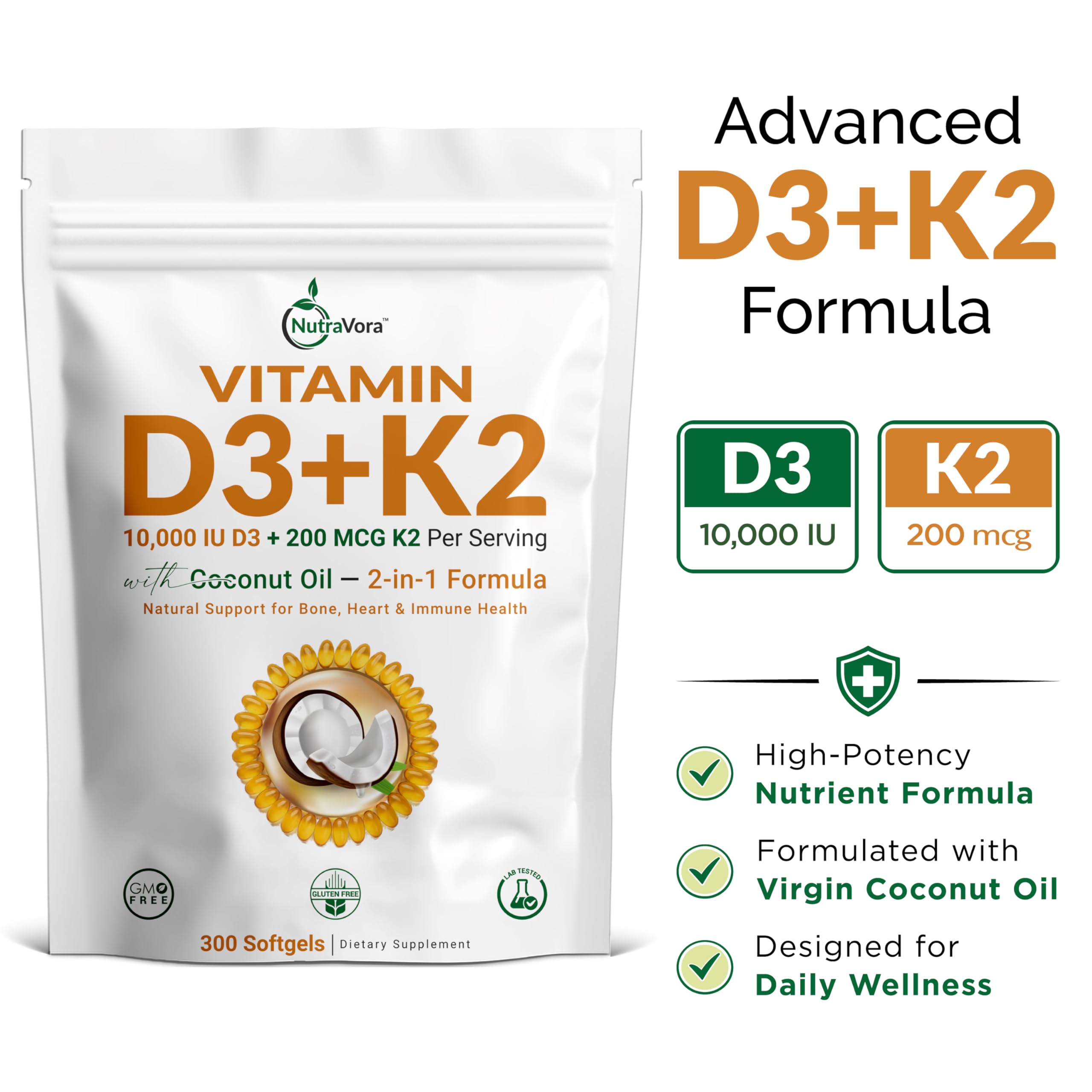 Vitamin D3 K2, 10,000 IU D3 + 200 mcg K2 MK-7, 300 Softgels — Amazon image 3
