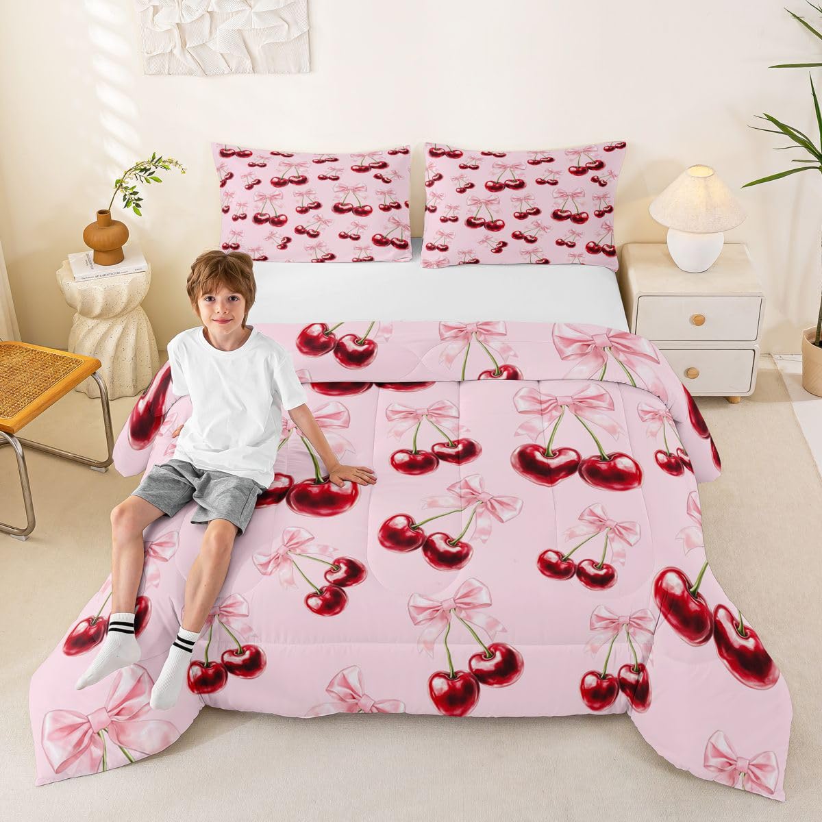 Homewish Różowa kokarda wiśnia podwójne zestawy pościeli - urocza różowe kokardki zestaw kołdry modny zestaw kołder muszka - kawaii kokardka bez przykrycia kołdra
