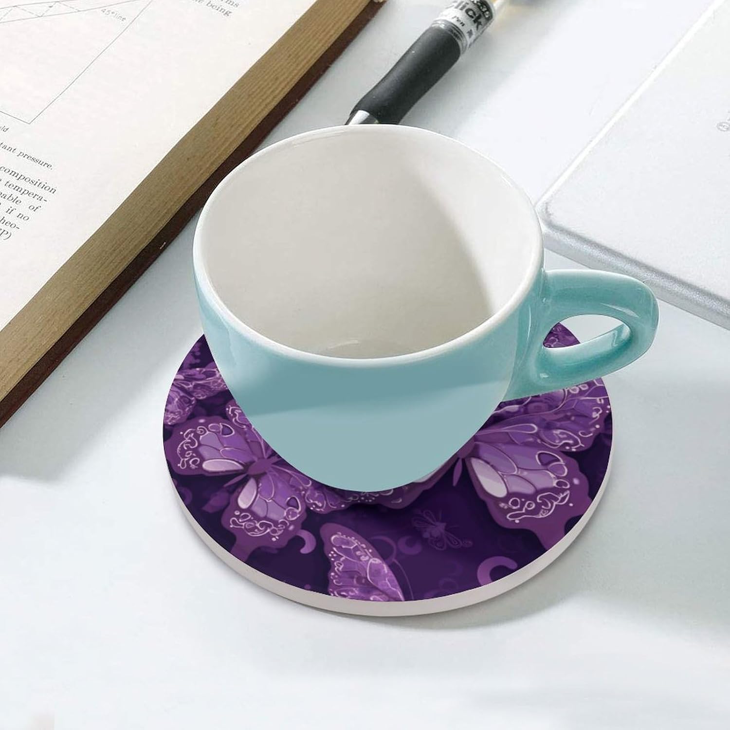 Purple Butterflies Coasters Round Coasters Set Ceramic Stone Coaster with Cork Base Coffee Cup Beverage Cup Mat Cute Funny Table Drinks Coaster for Mugs and Cups Office Kitchen