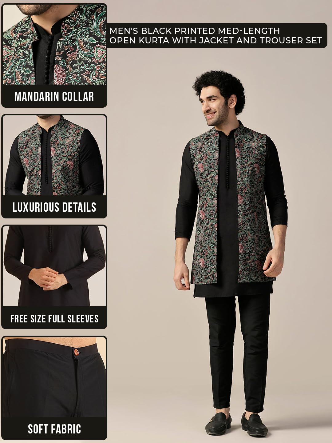 Kisah Men's Kurta Jacket Trouser Set, Multi Cotton Blend, Printed Regular Fit Mandarin Collar Long Sleeves|38