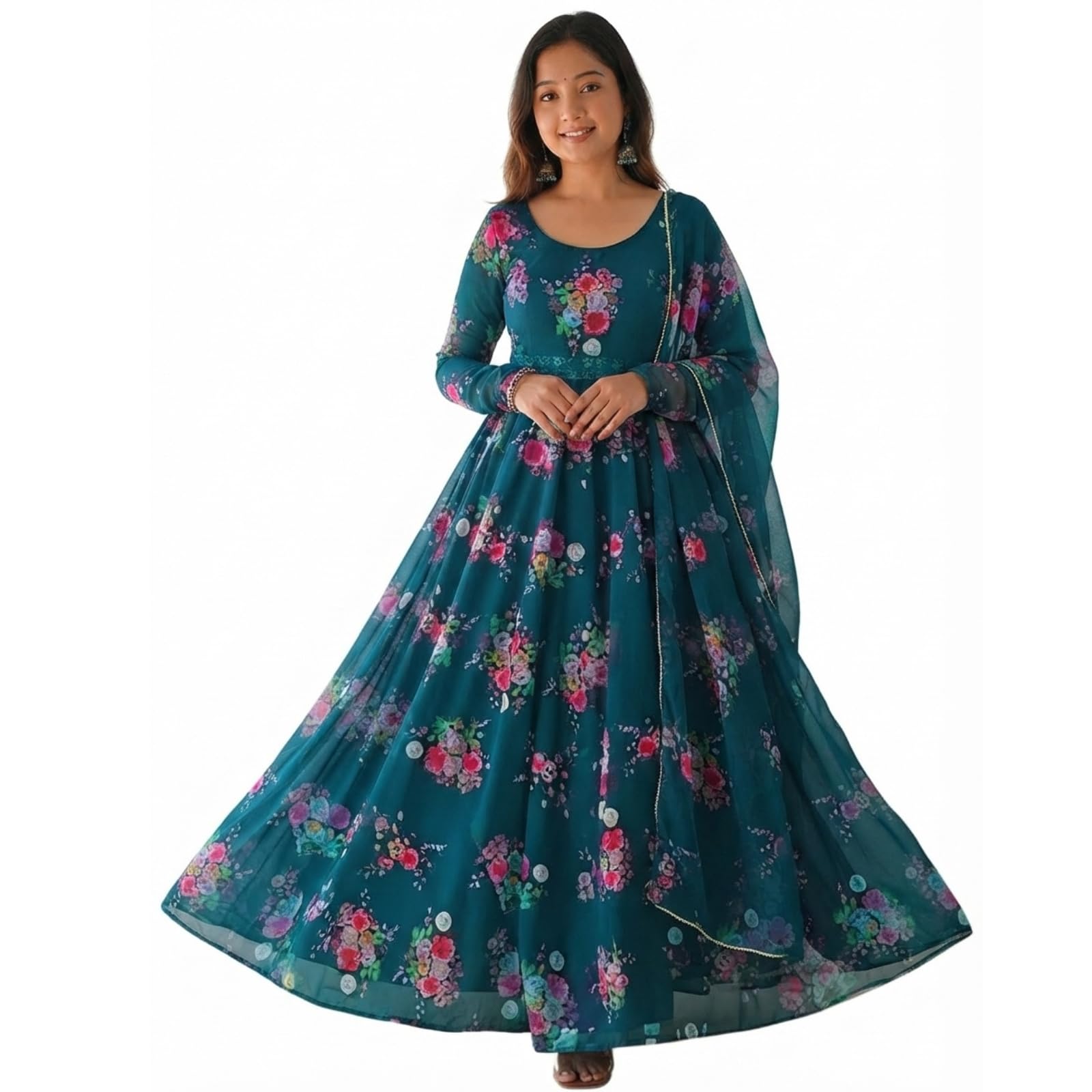 dream crushers Women's Floral Anarkali Gown with Dupatta | Designer Long Maxi Dress Ethnic Outfit for Wedding & Festive Occasions-picture-16