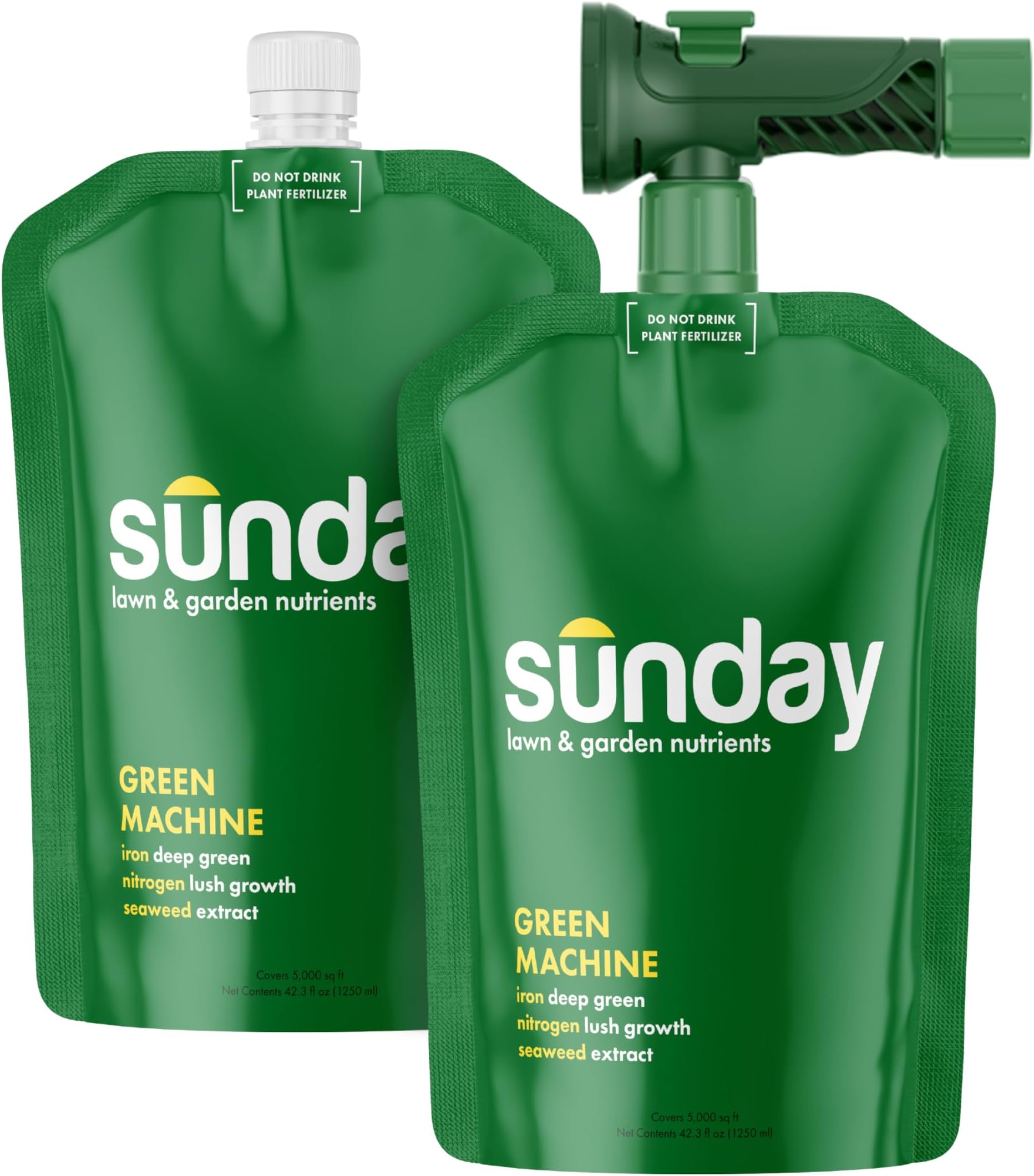 Sunday Green Machine Fertilizer, 42.3oz, 2 Pack - Liquid Lawn Fertilizer for Lush Growth - Includes Universal Sprayer Attachment - Covers Up to 10,000 Sq Ft - Easy Application in 15 Minutes or Less
