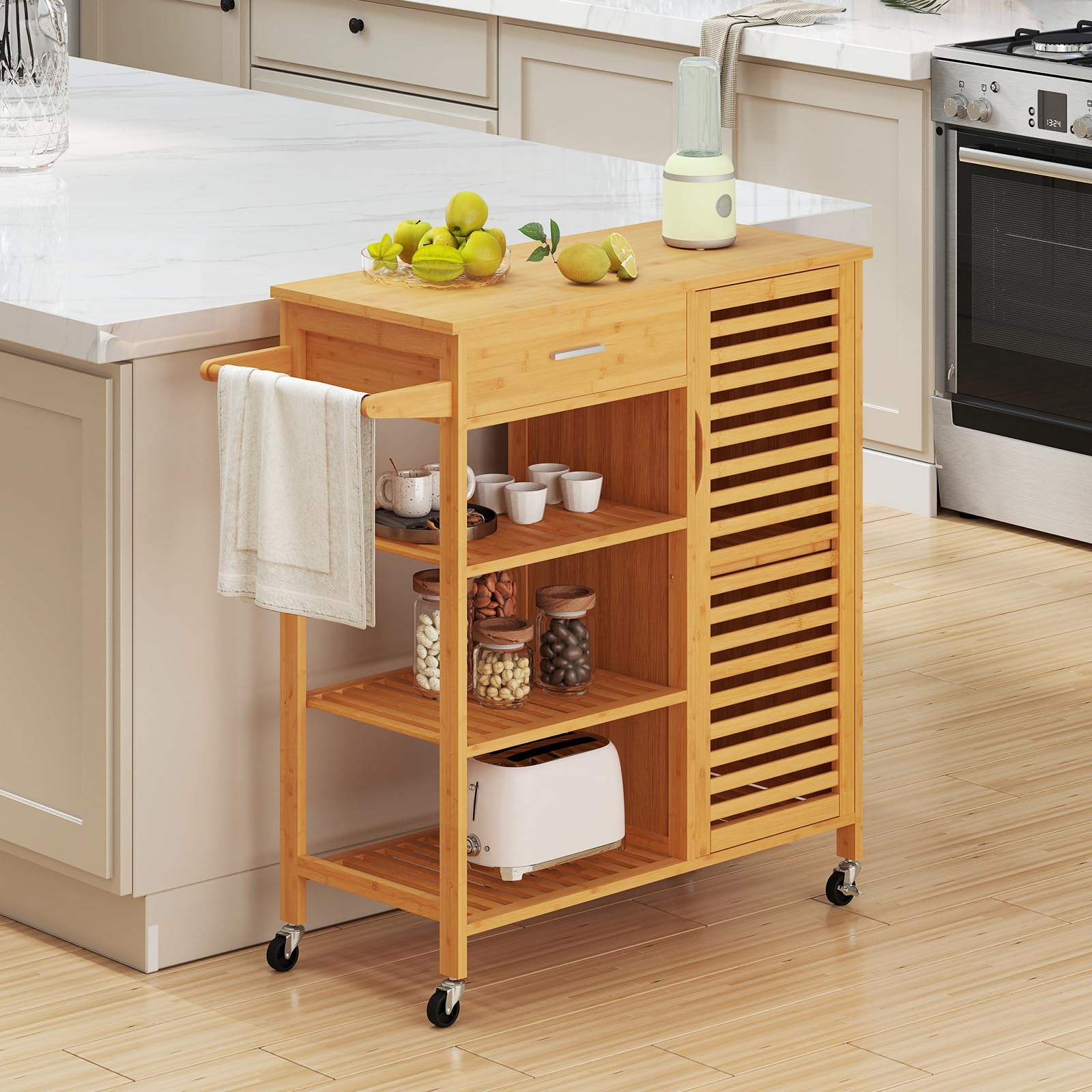 COSTWAY Carro de Cocina de Bambú, Carro de Servicio con Cajón y Puerta, Carro Rodante con 3 Estantes Abiertos y 4 Ruedas Universales, Mesa Móvil para Cocina y Comedor, 91 x 44 x 89 cm