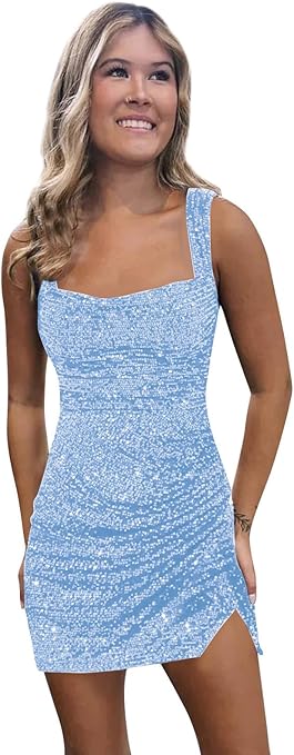 BOLENSYE Short Sequin Homecoming Dresses for Teens Square Neck Sparkly Bodycon Tight Cocktail Party Gown with Slit