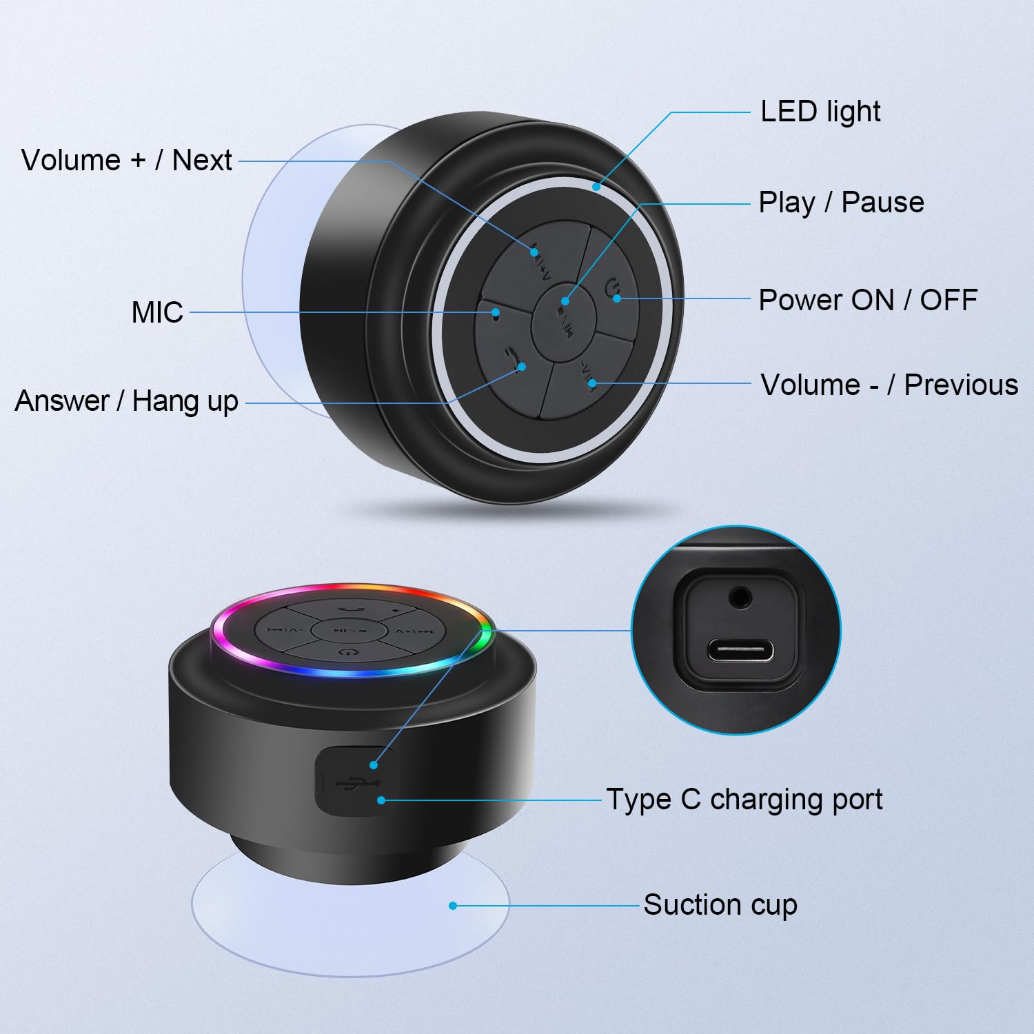 Mini altavoz Bluetooth para ducha con ventosa, altavoz inalámbrico Bluetooth impermeable, IP67 flotante impermeable altavoz de baño con luz LED, regalo ideal para hombres, mujeres y niños