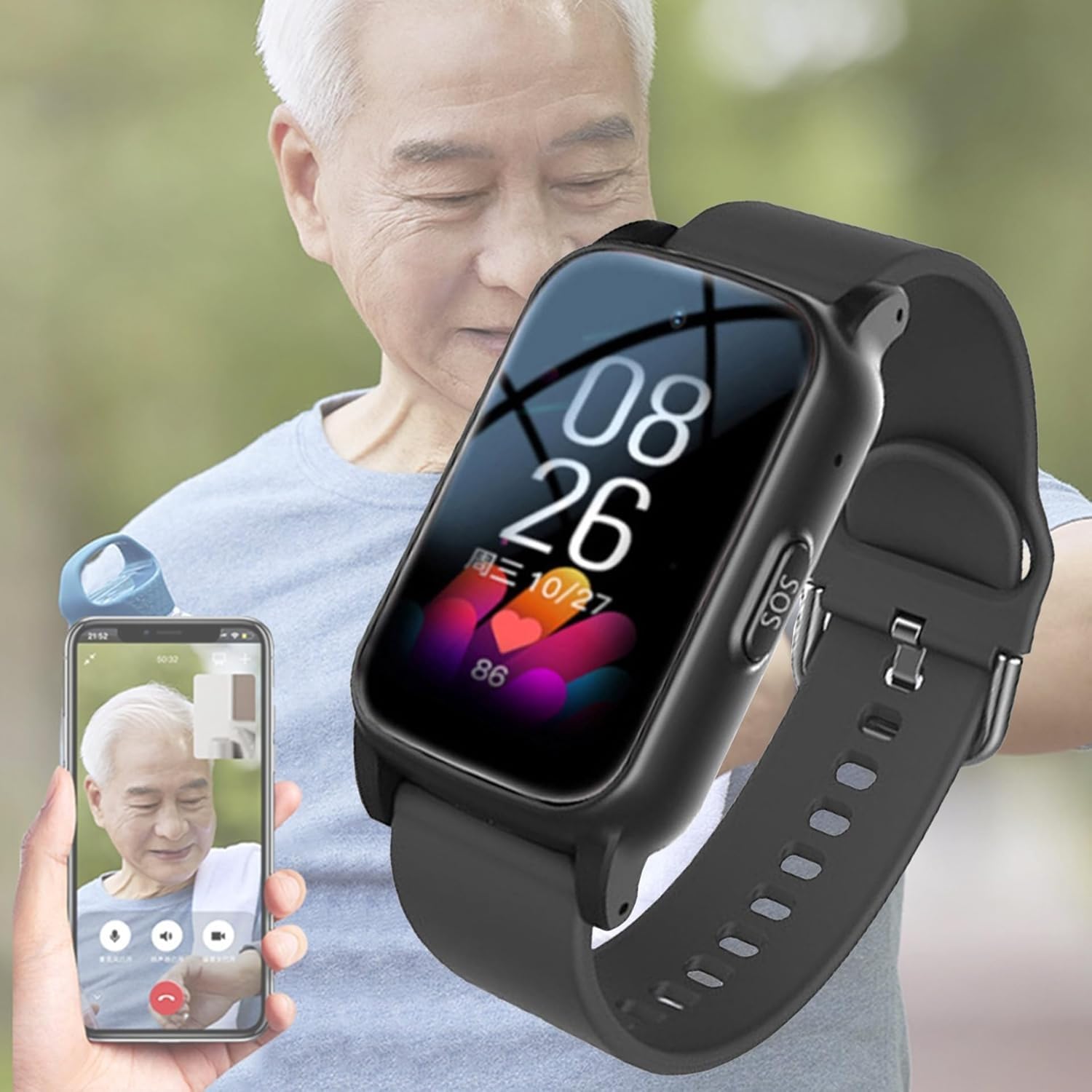 Inteligentny Zegarek Dla Seniorów Z Połączeniem Wideo HD, Wykrywaniem Upadku, GPS Wodoodporne Urządzenia Ostrzegające O Upadku IP67 Dla Mężczyzn/kobiet(Black)