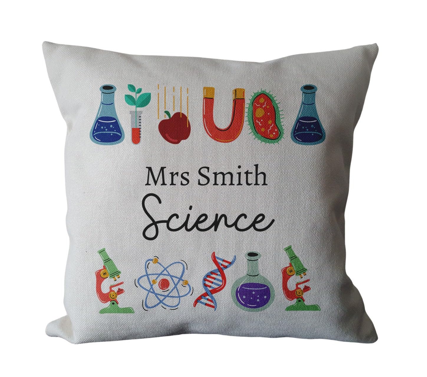 Personalised Science Teacher Cushion - Custom Scientist Linen Canvas Cushion - Chemistry, Biology, Physics Cushion Cover with Inner Filler