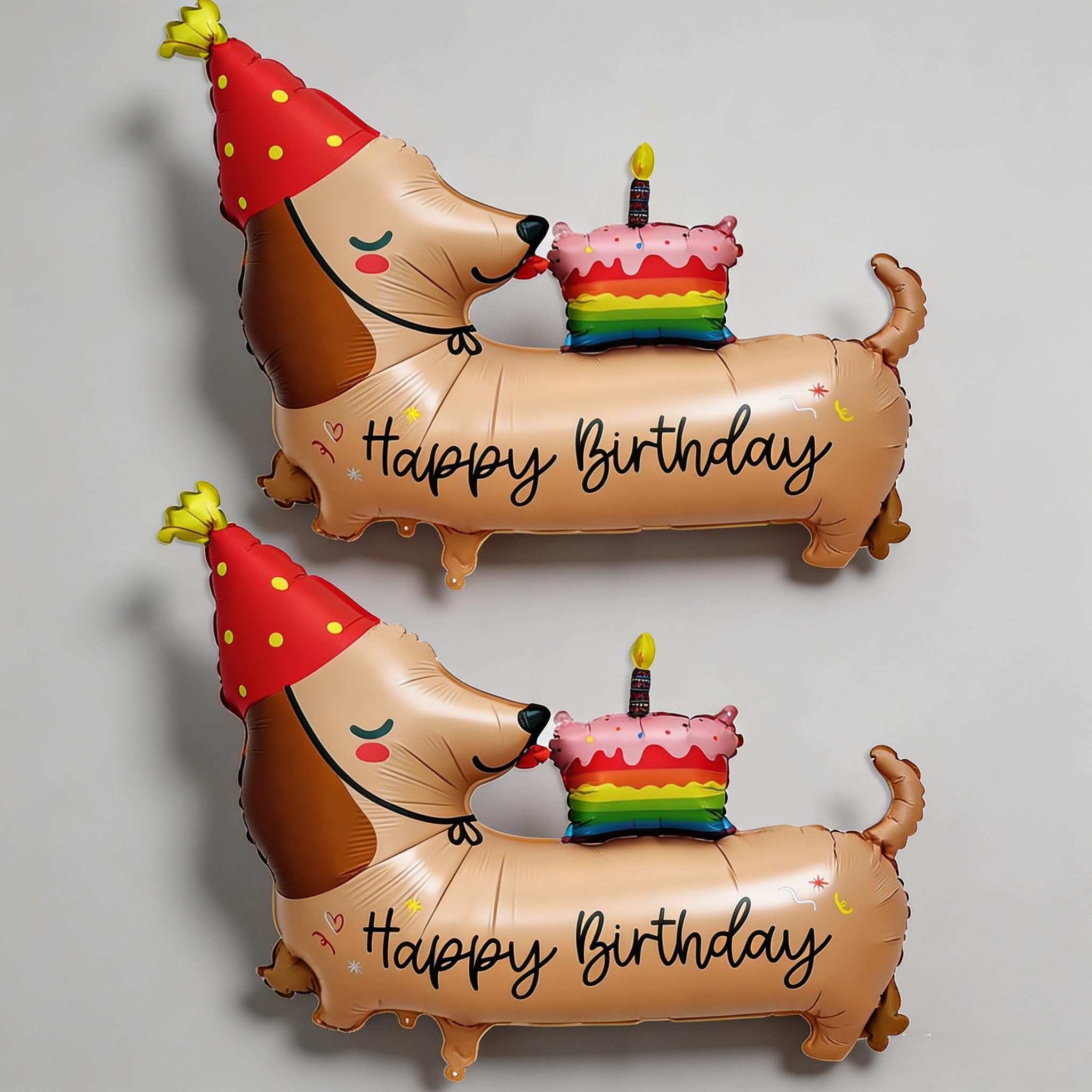 Foil Balloons for Birthday Party - 2 Pack Self-Sealing Easy to Inflate Standing Balloons, Dachshund Dog with Birthday Hat Licking Cake Design for Adult Party Decorations
