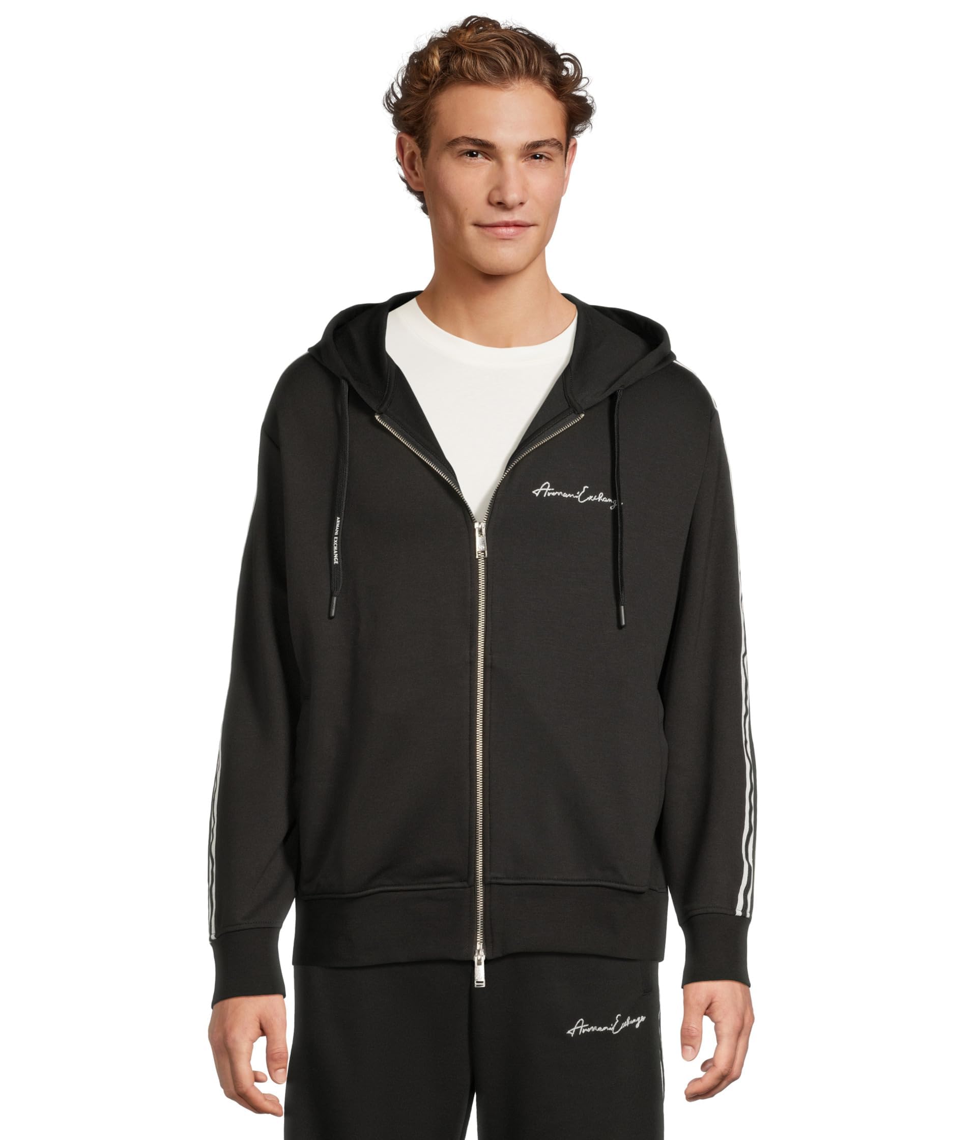 Armani Exchange Men's Essential Logo Signature Full Zip Hooded Sweatshirt Balck