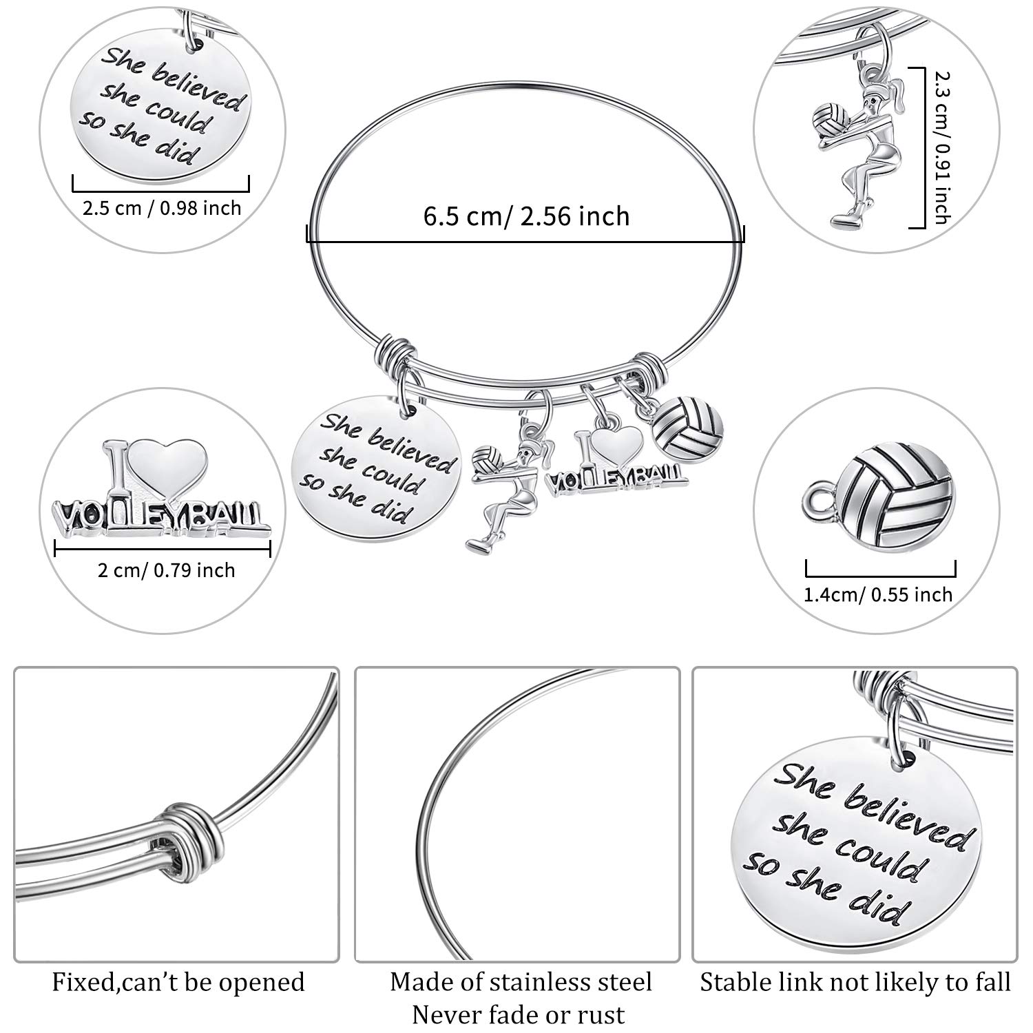 SATINIOR 2 Pieces Volleyball Softball Charm Bangle Bracelet Jewelry Gift for Ball Players (Volleyball)