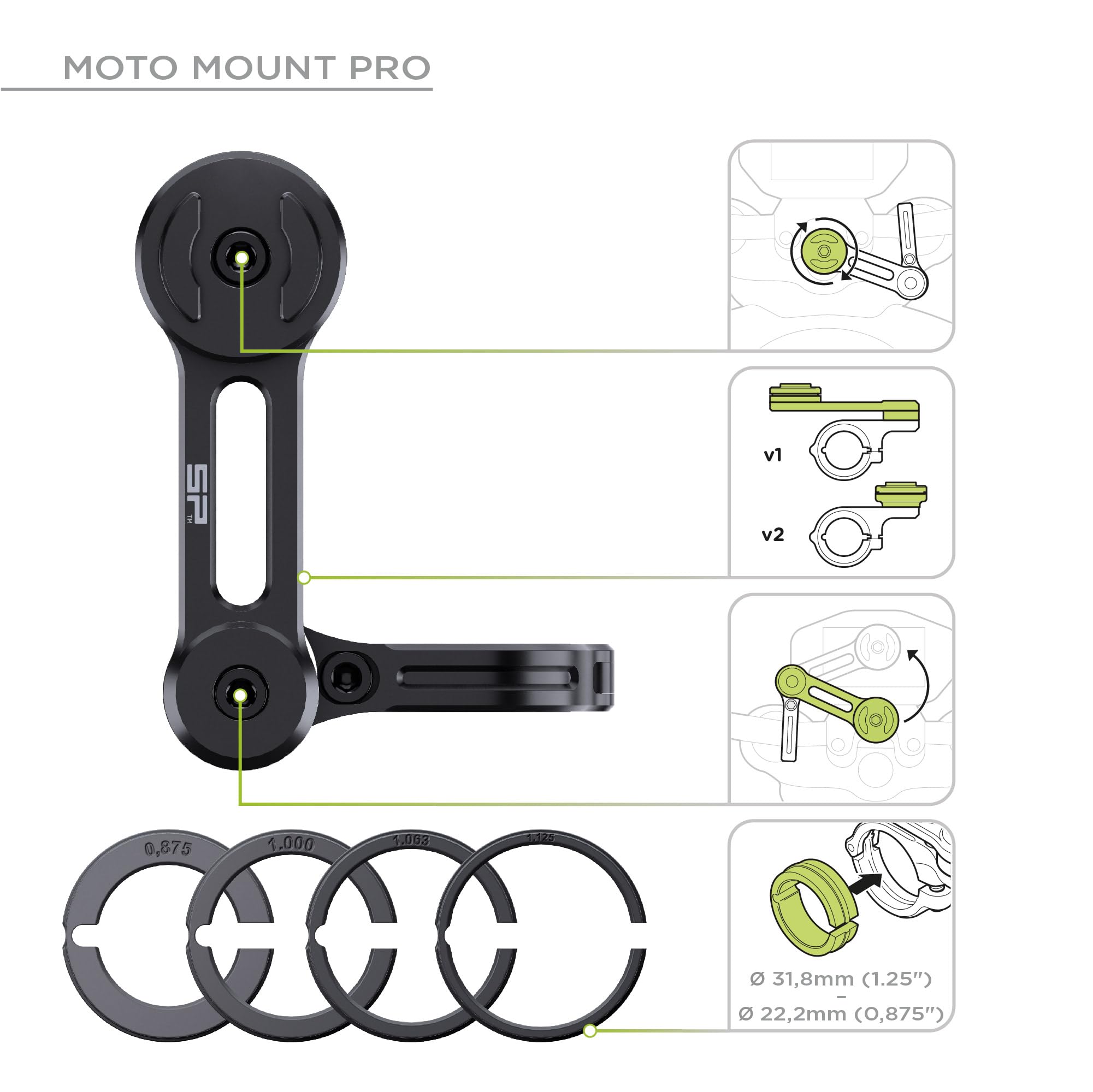 SP Connect Supporto Universale per Cellulare da Motociclette e Motorini - Blocco a Rotazione Brevettato - Forte Presa a Morsetto - Adatto a Manubri Standard e Grandi - Accessori da Motociclismo.