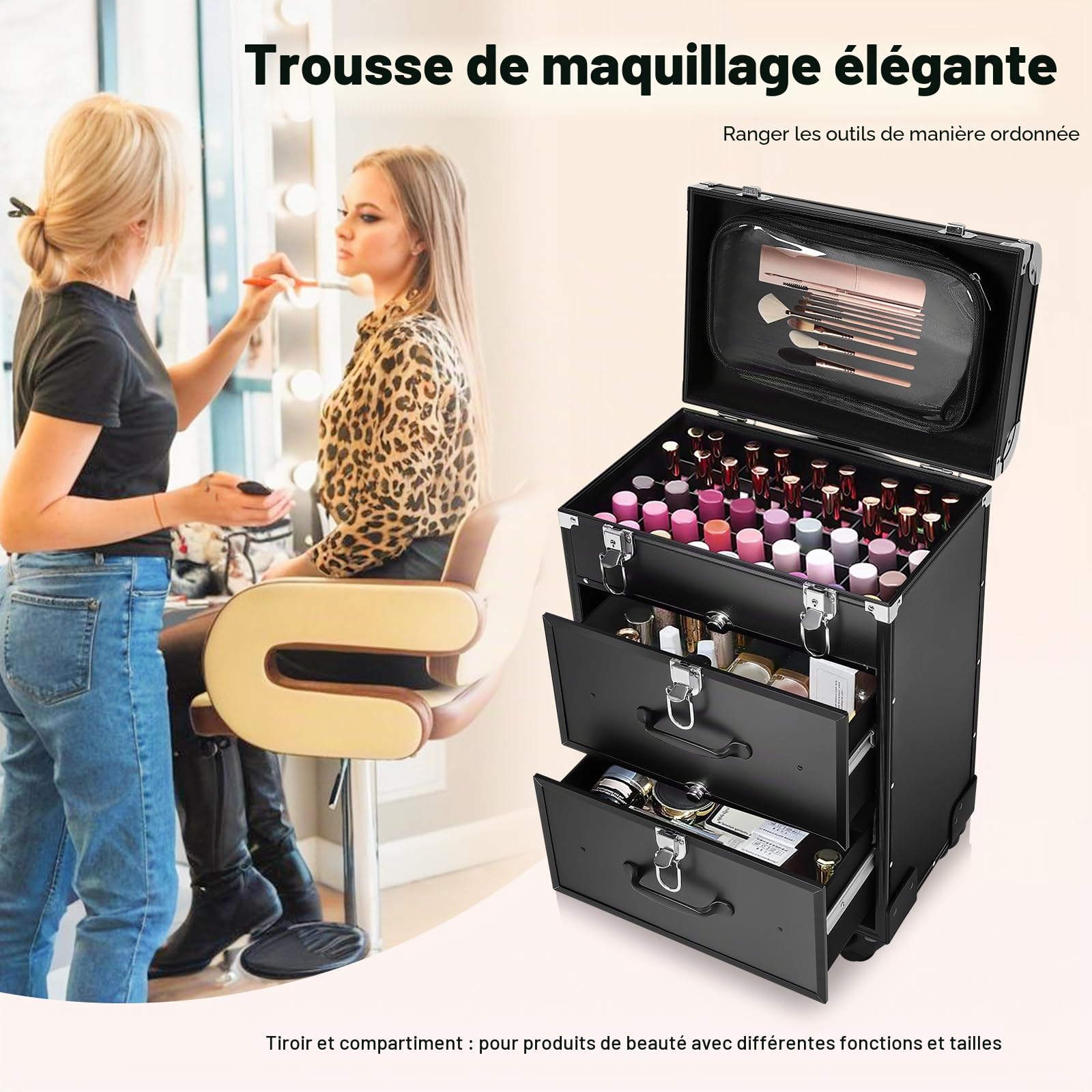 Valise cosmétique à roulettes en aluminium avec serrures - Grande valise de maquillage - Organiseur pour les déplacements - Pour nail art et coiffure - 36 x 23 x 58 cm