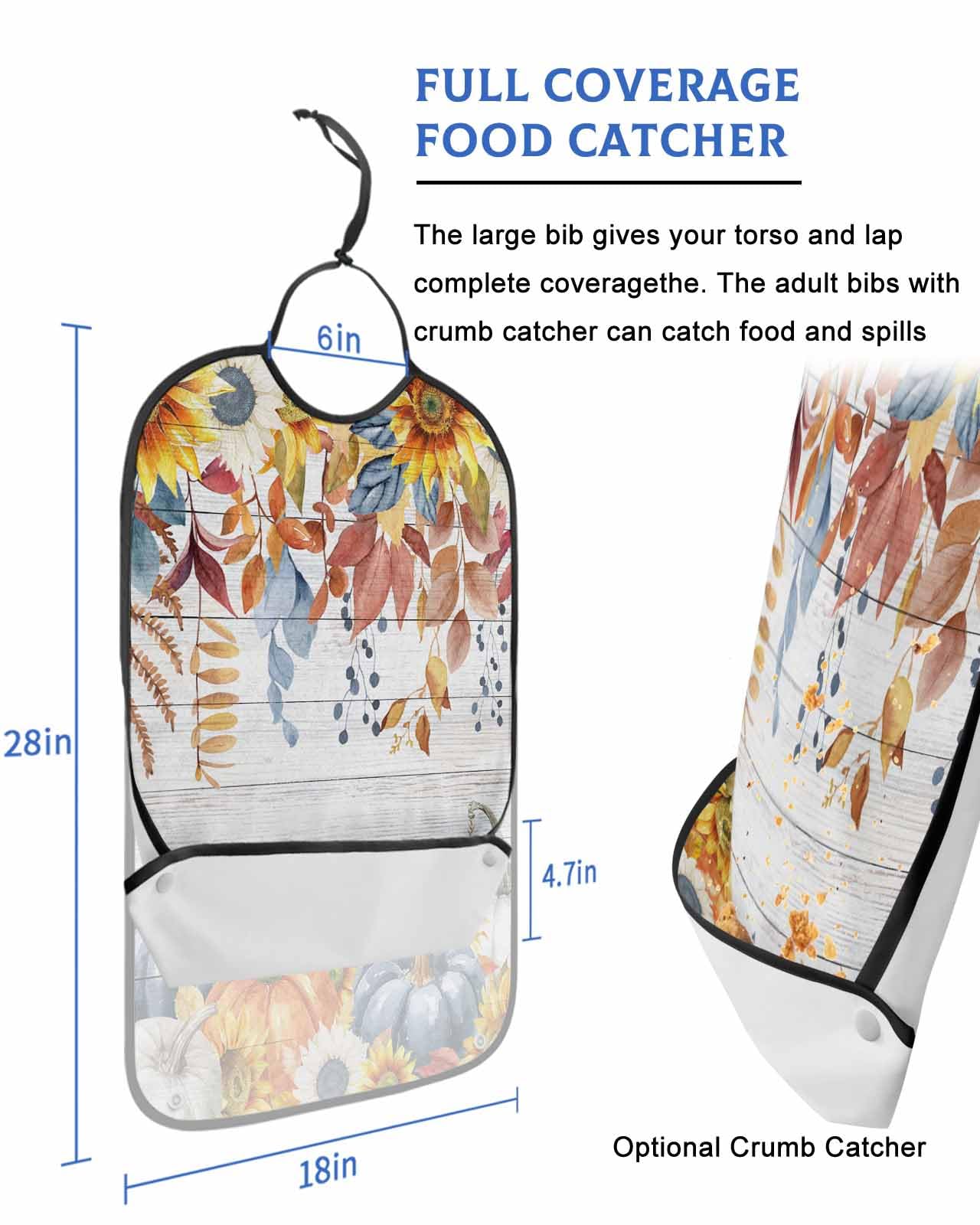 LEOKOTI Orange Blue Fall Adult Bibs for Eating, Waterproof Bibs with Food Catcher & Adjustable Snap Closure, Thanksgiving Sunflower Maple Leaf Washable Clothing Protectors Adult Bibs for Elderly